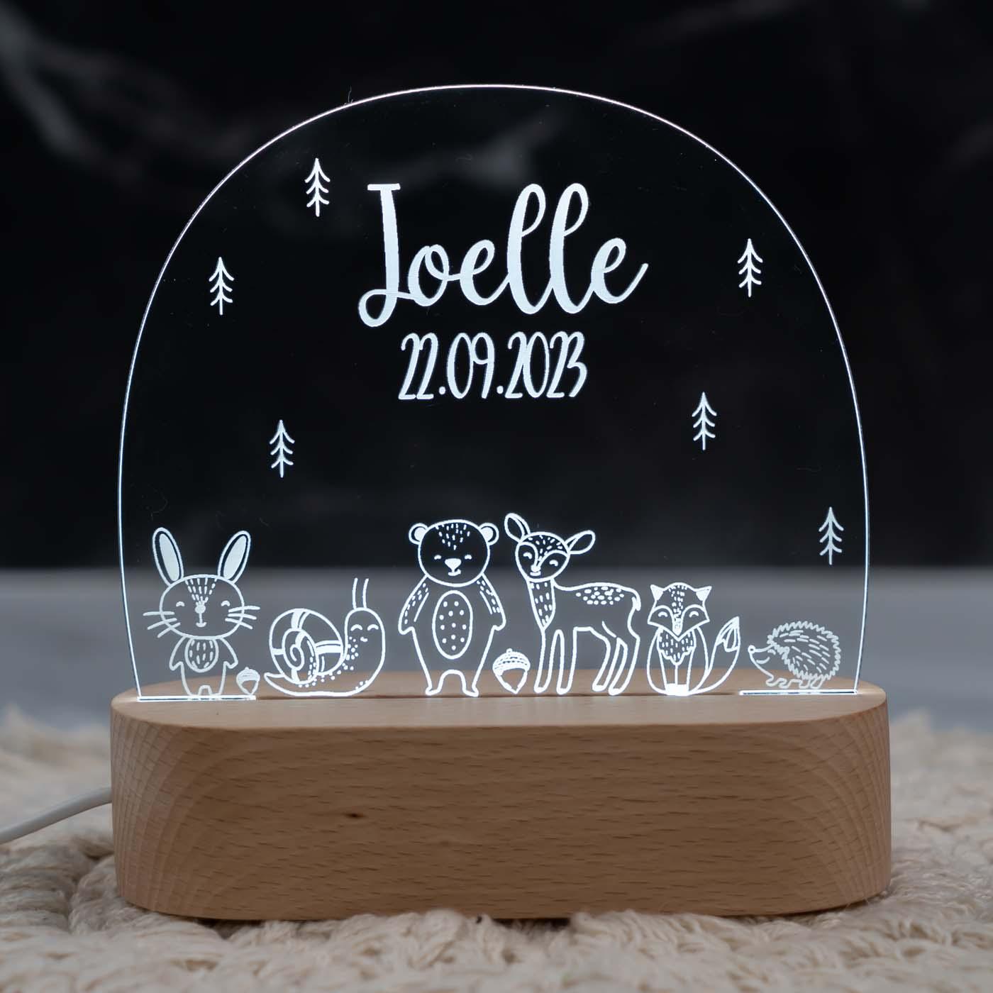 Personalisierte Nachtlampe für Kinder - Baby Waldtiere - Name und Geburtsdatum