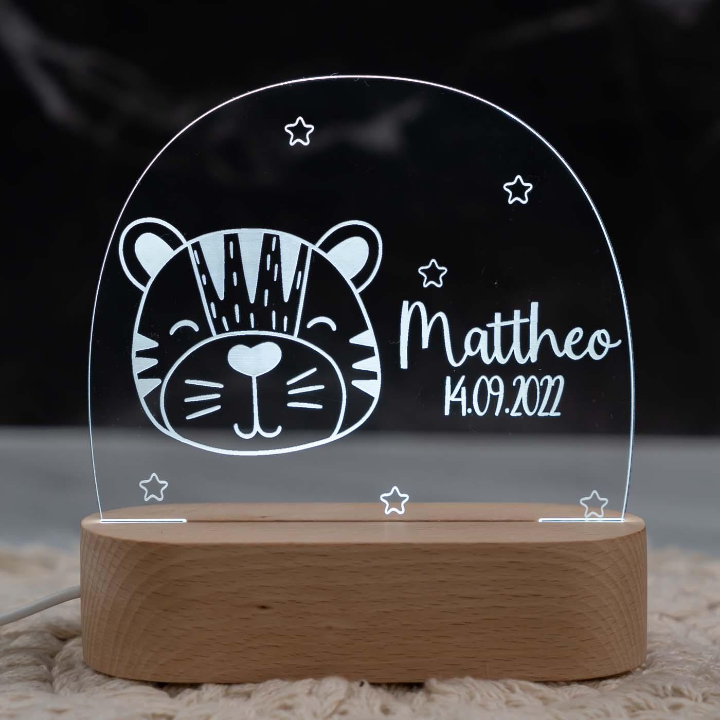Personalisierte Nachtlampe für Kinder - Tiger - Name und Geburtsdatum
