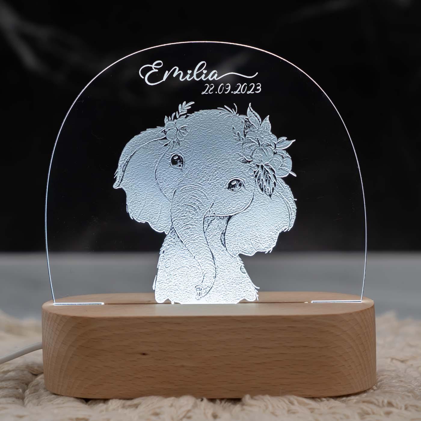 Personalisierte Nachtlampe für Kinder - Elefant - Name und Geburtsdatum