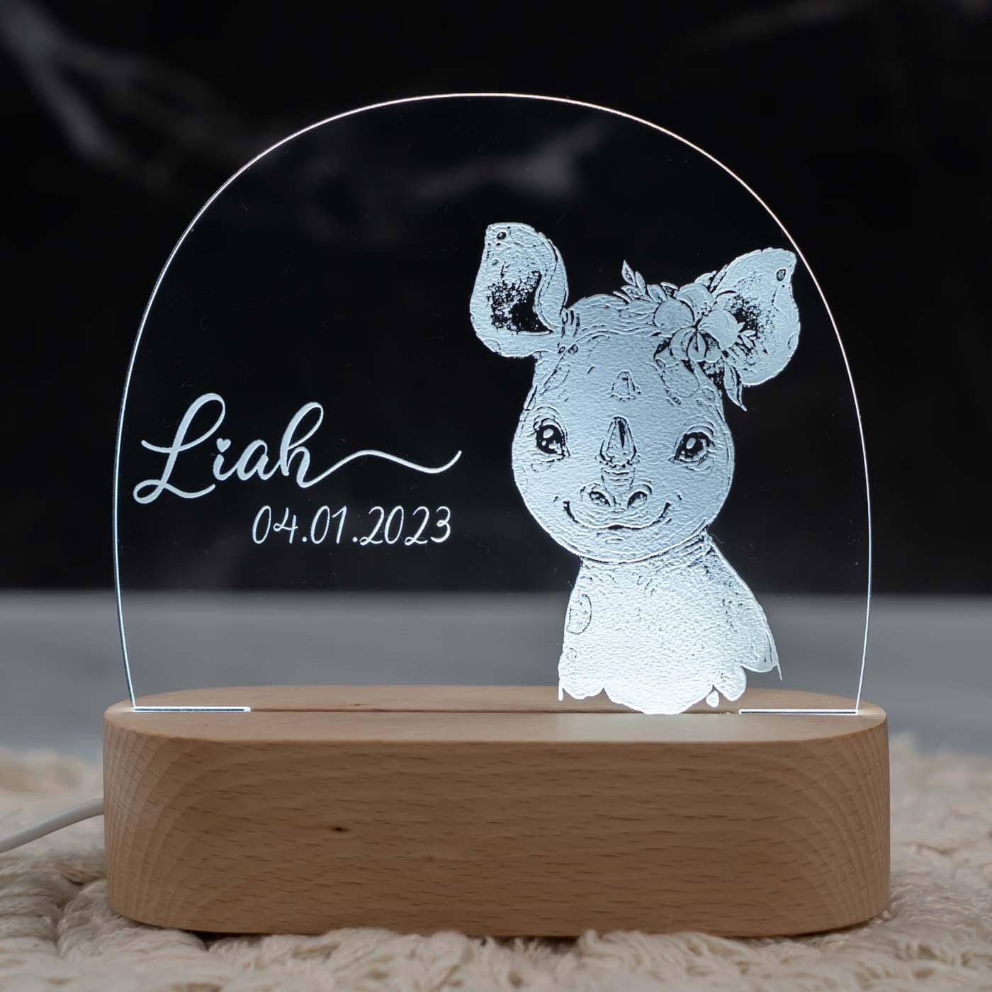 Personalisierte Nachtlampe für Kinder - Baby Nashorn - Name und Geburtsdatum