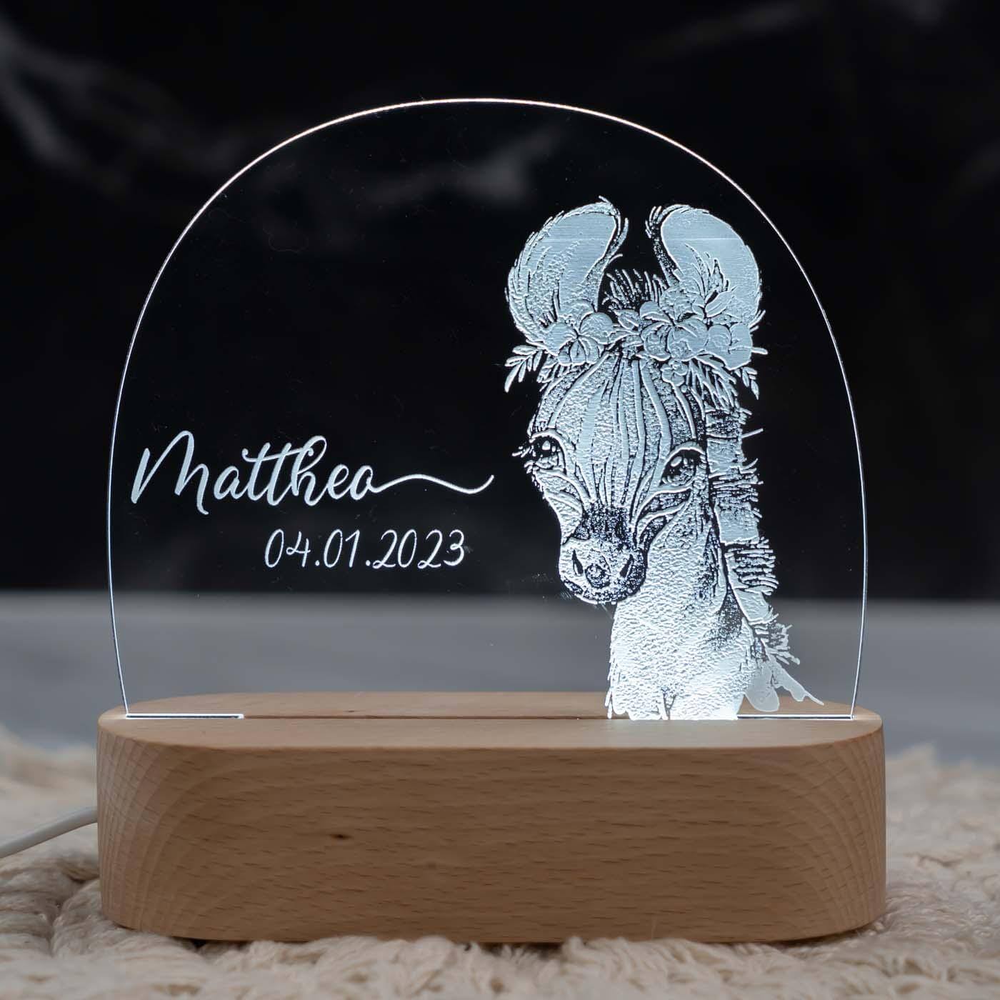 Personalisierte Nachtlampe für Kinder - Zebra - Name und Geburtsdatum