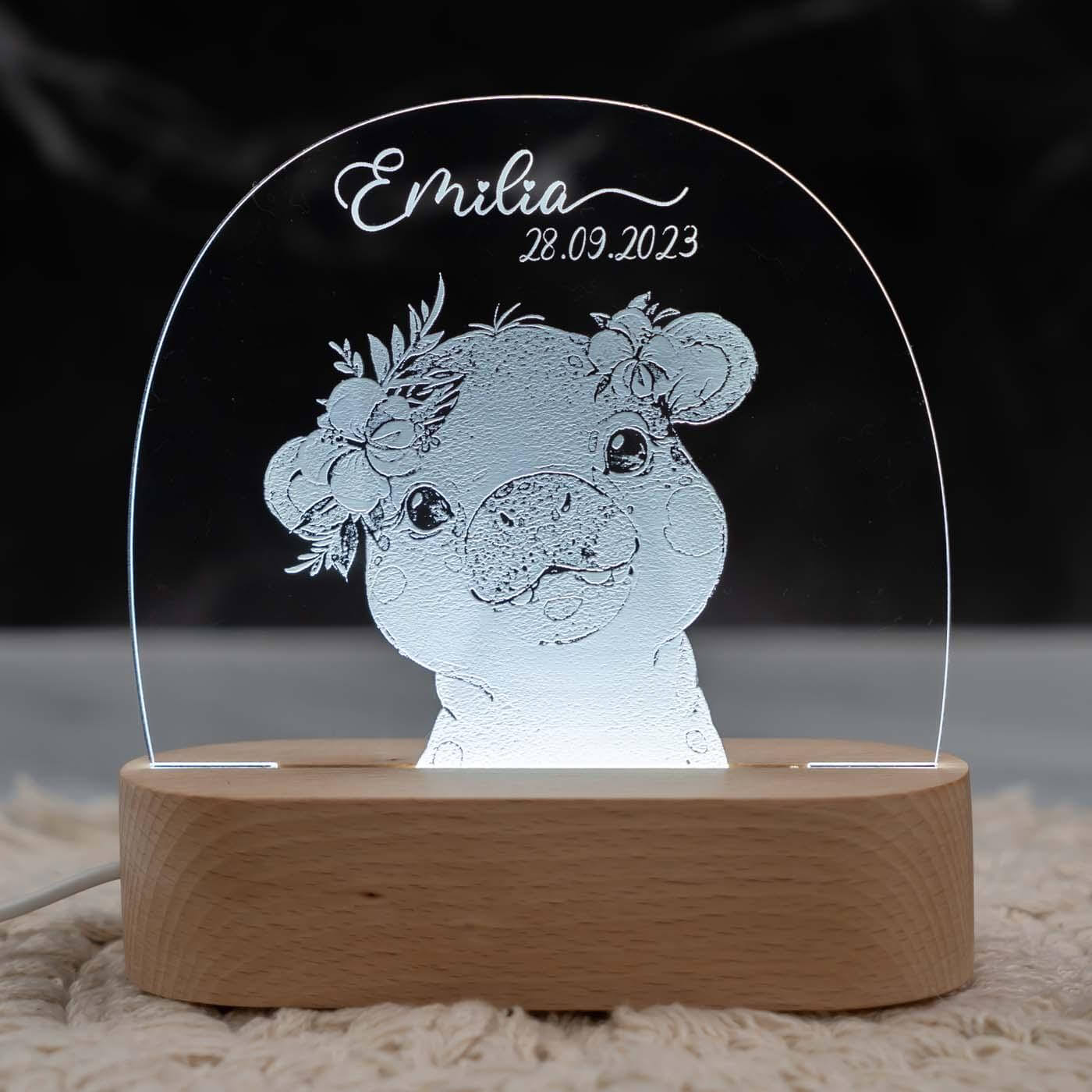 Personalisierte Nachtlampe für Kinder - Nilpferd - Name und Geburtsdatum