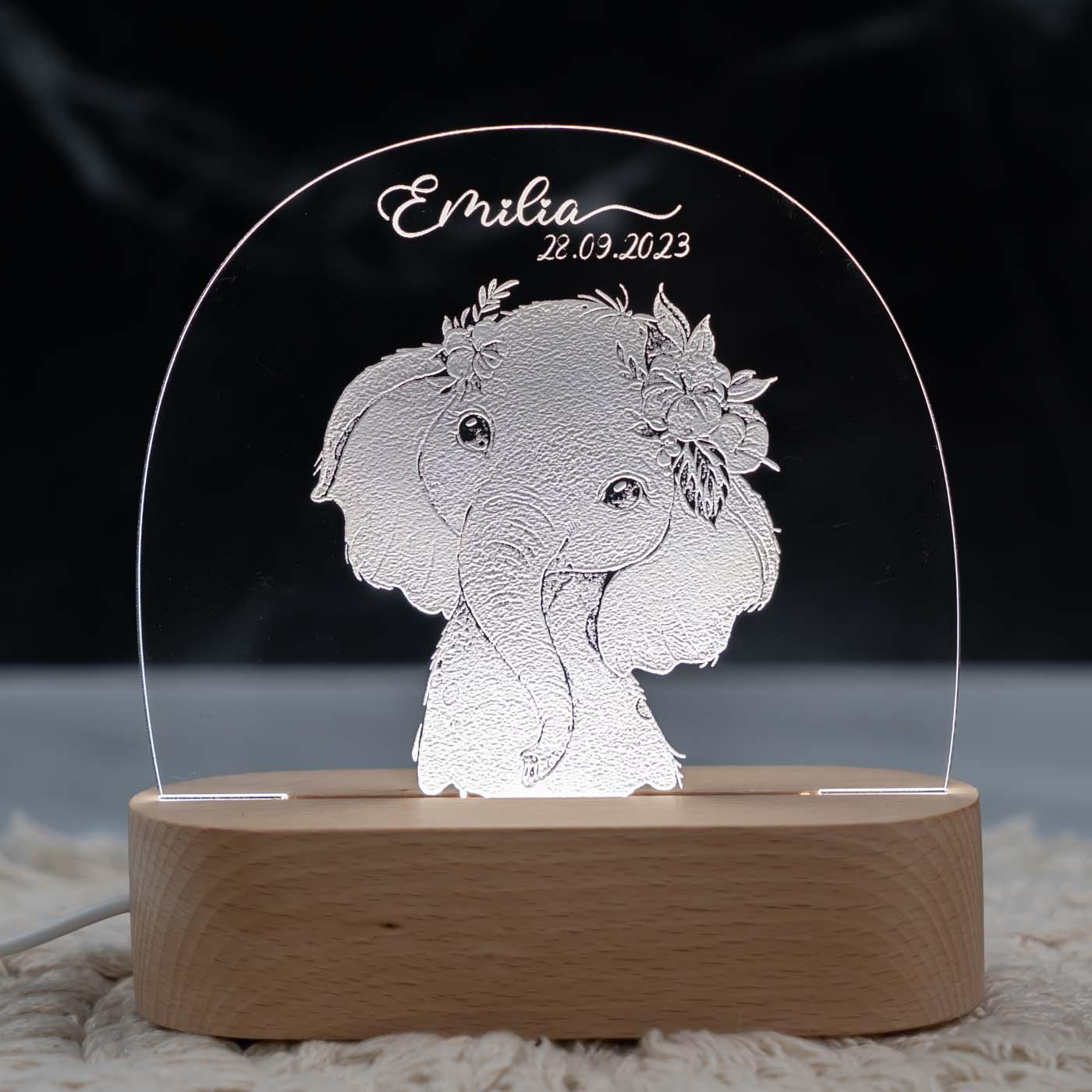 Personalisierte Nachtlampe für Kinder - Elefant - Name und Geburtsdatum