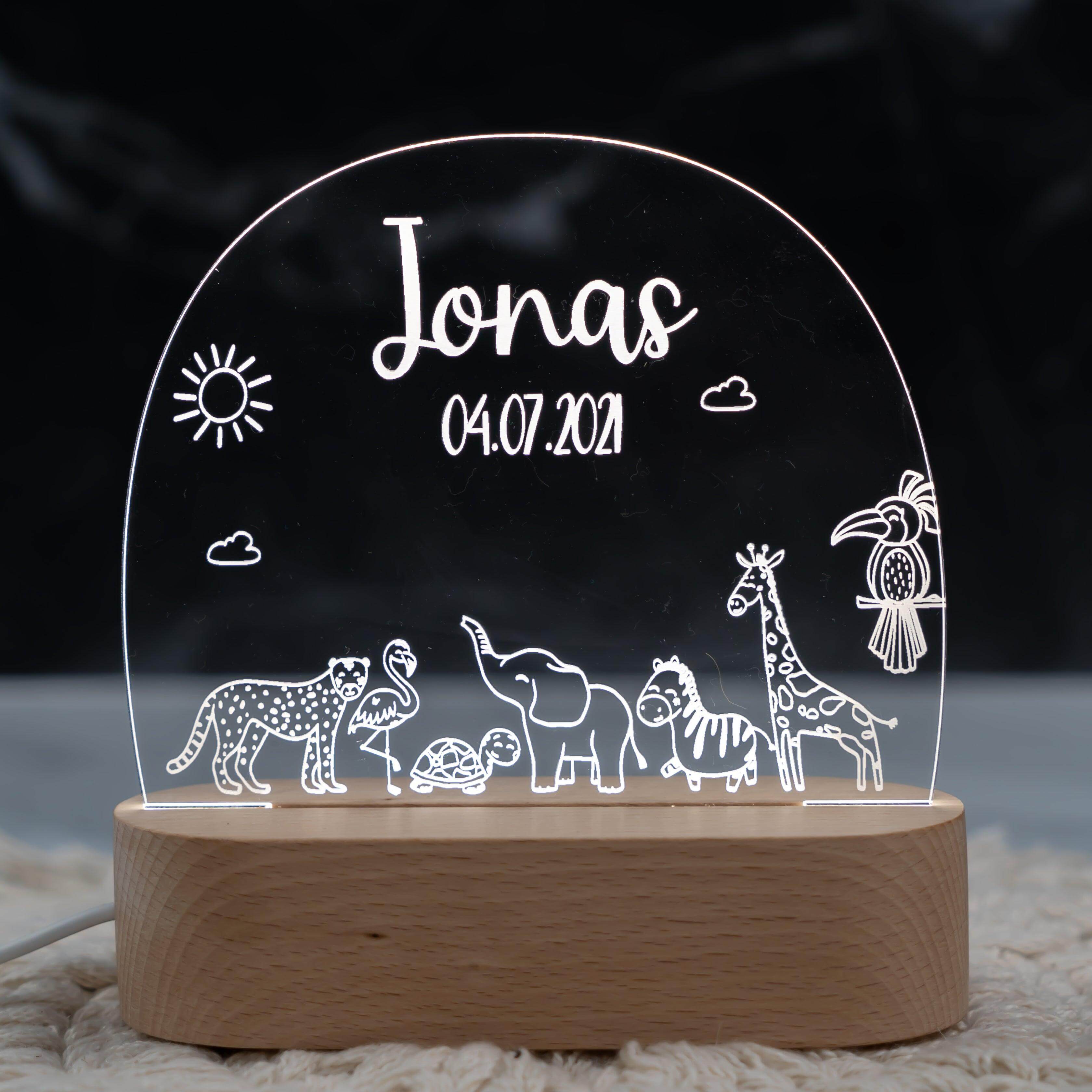 Personalisierte Nachtlampe für Kinder - Safari - Name und Geburtsdatum