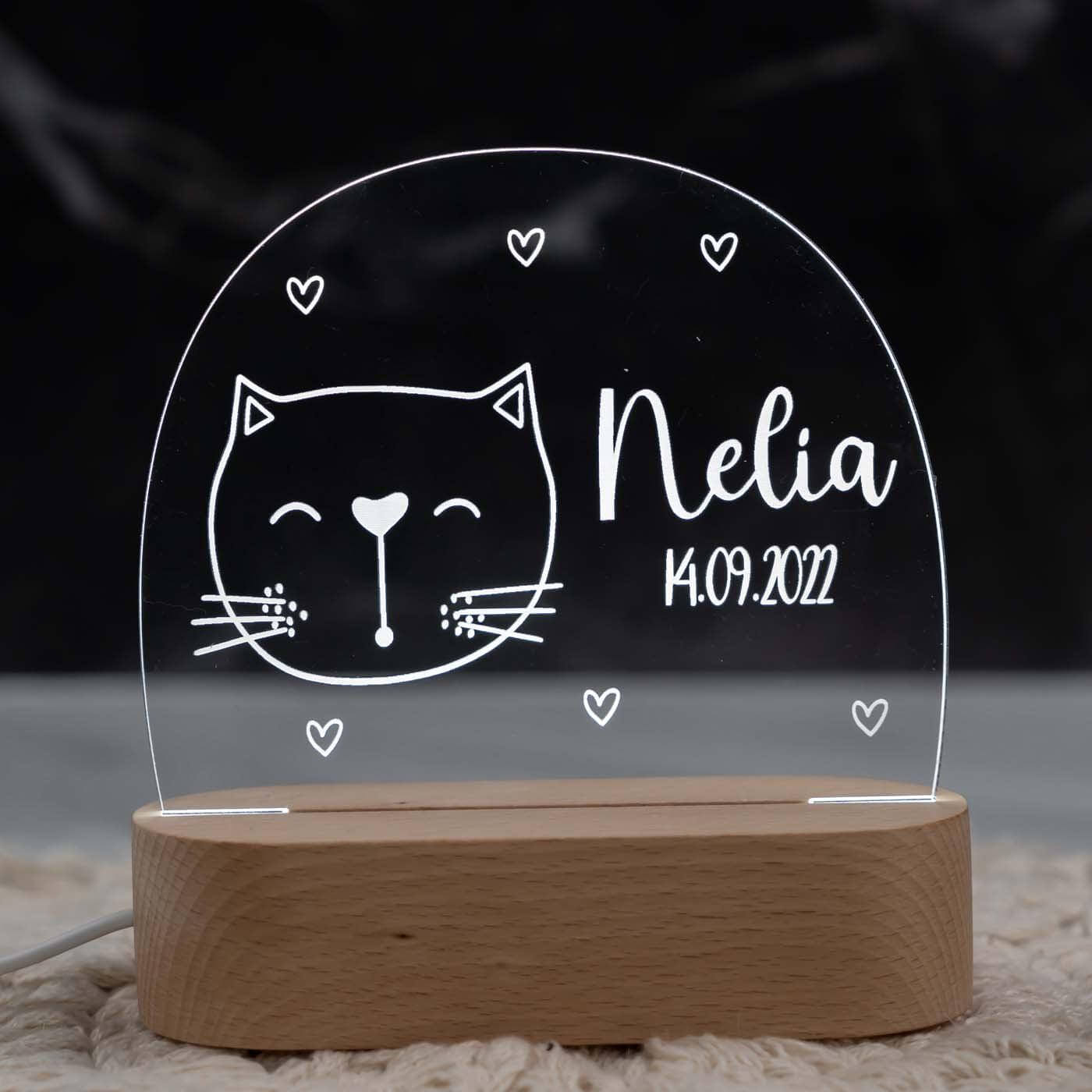 Personalisierte Nachtlampe für Kinder - Kater - Name und Geburtsdatum