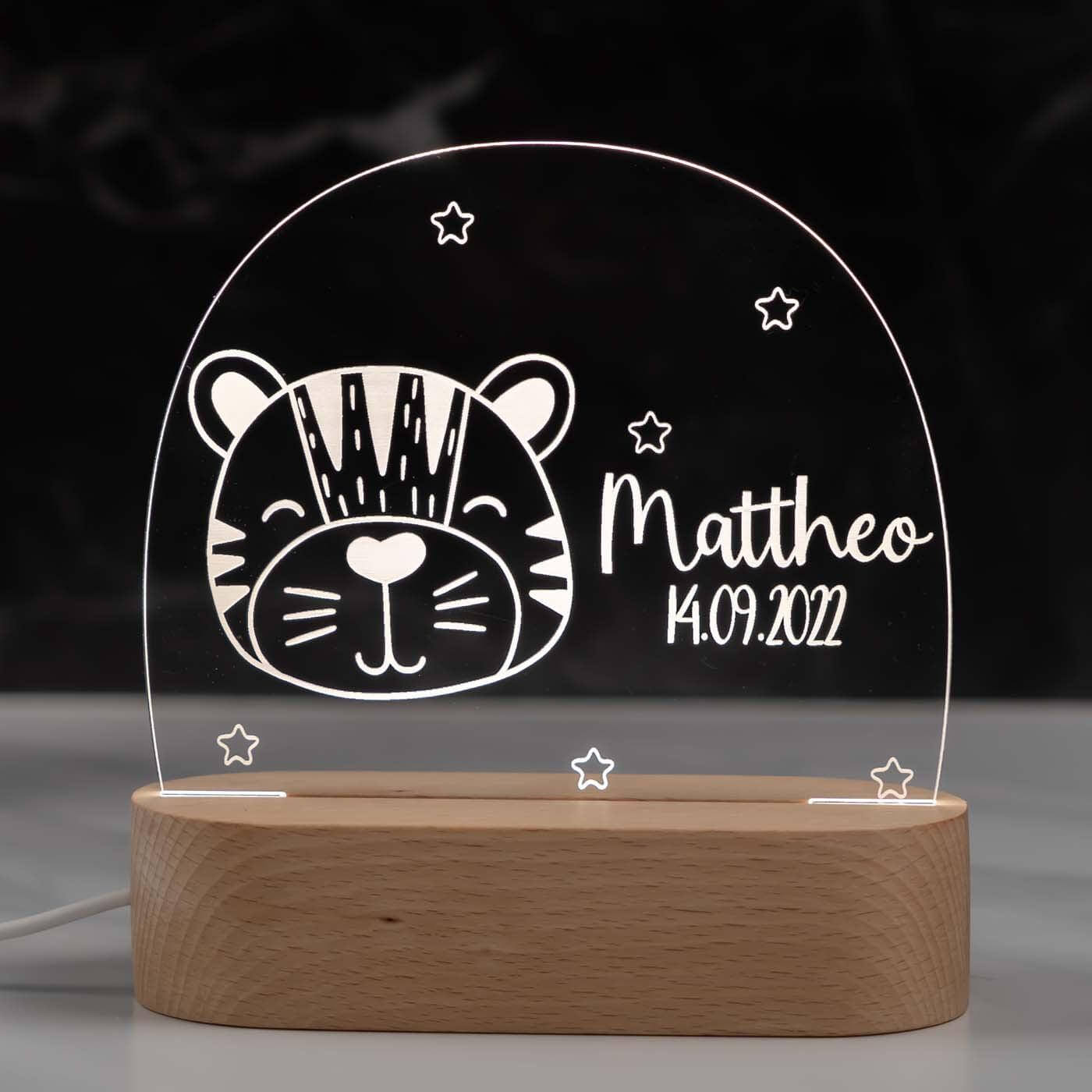 Personalisierte Nachtlampe für Kinder - Tiger - Name und Geburtsdatum