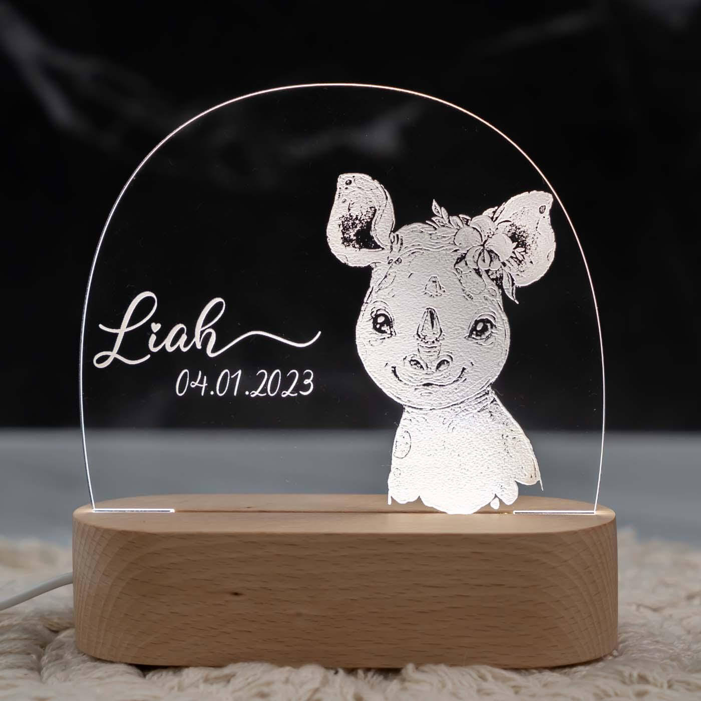 Personalisierte Nachtlampe für Kinder - Baby Nashorn - Name und Geburtsdatum