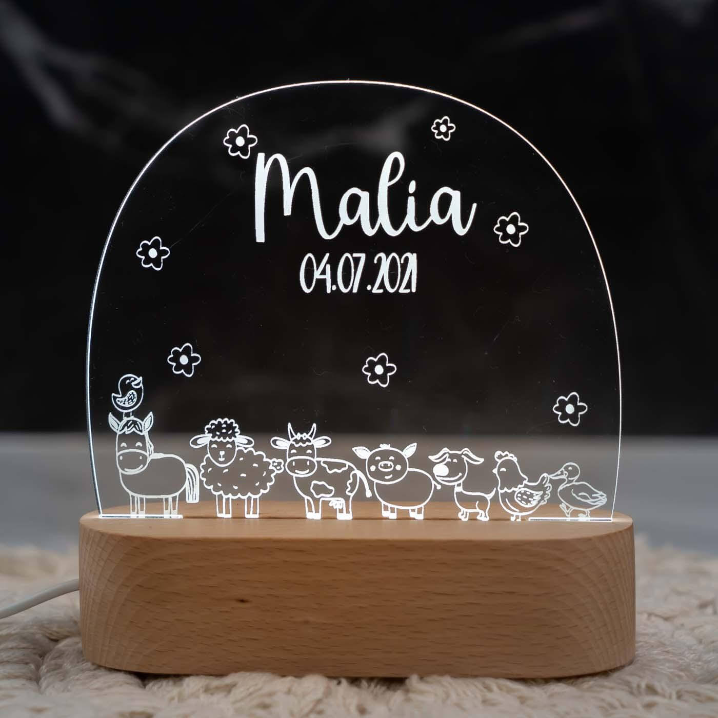 Personalisierte Nachtlampe für Kinder - Bauernhof - Name und Geburtsdatum