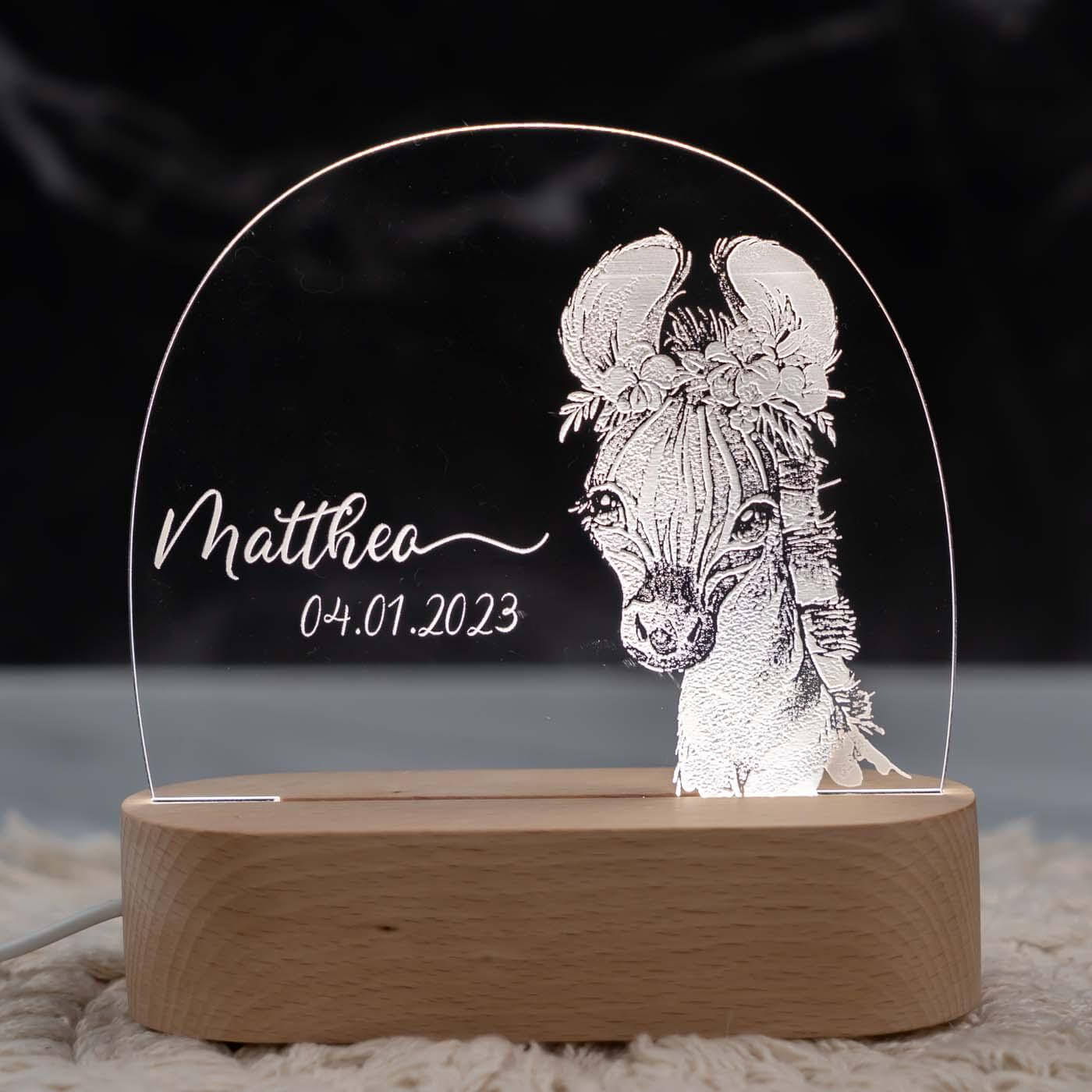 Personalisierte Nachtlampe für Kinder - Zebra - Name und Geburtsdatum