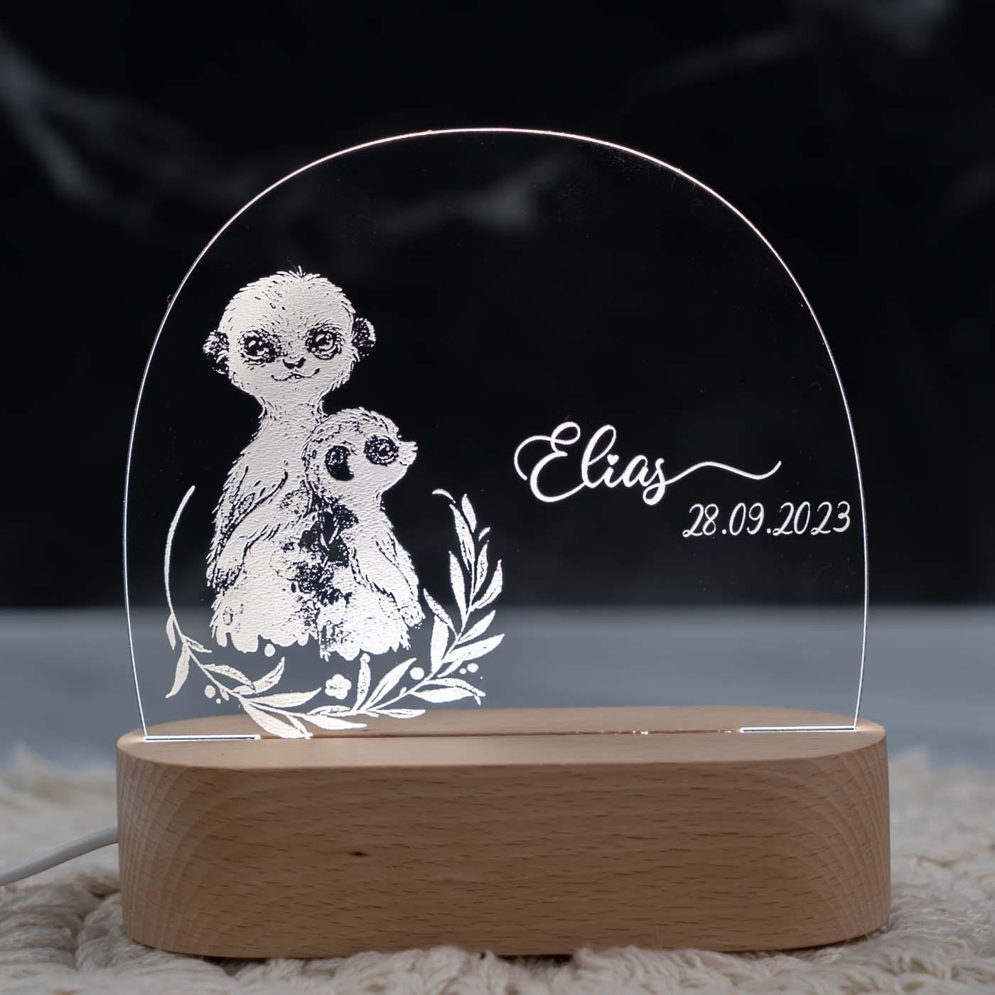 Personalisierte Nachtlampe für Kinder - Erdmännchen - Name und Geburtsdatum