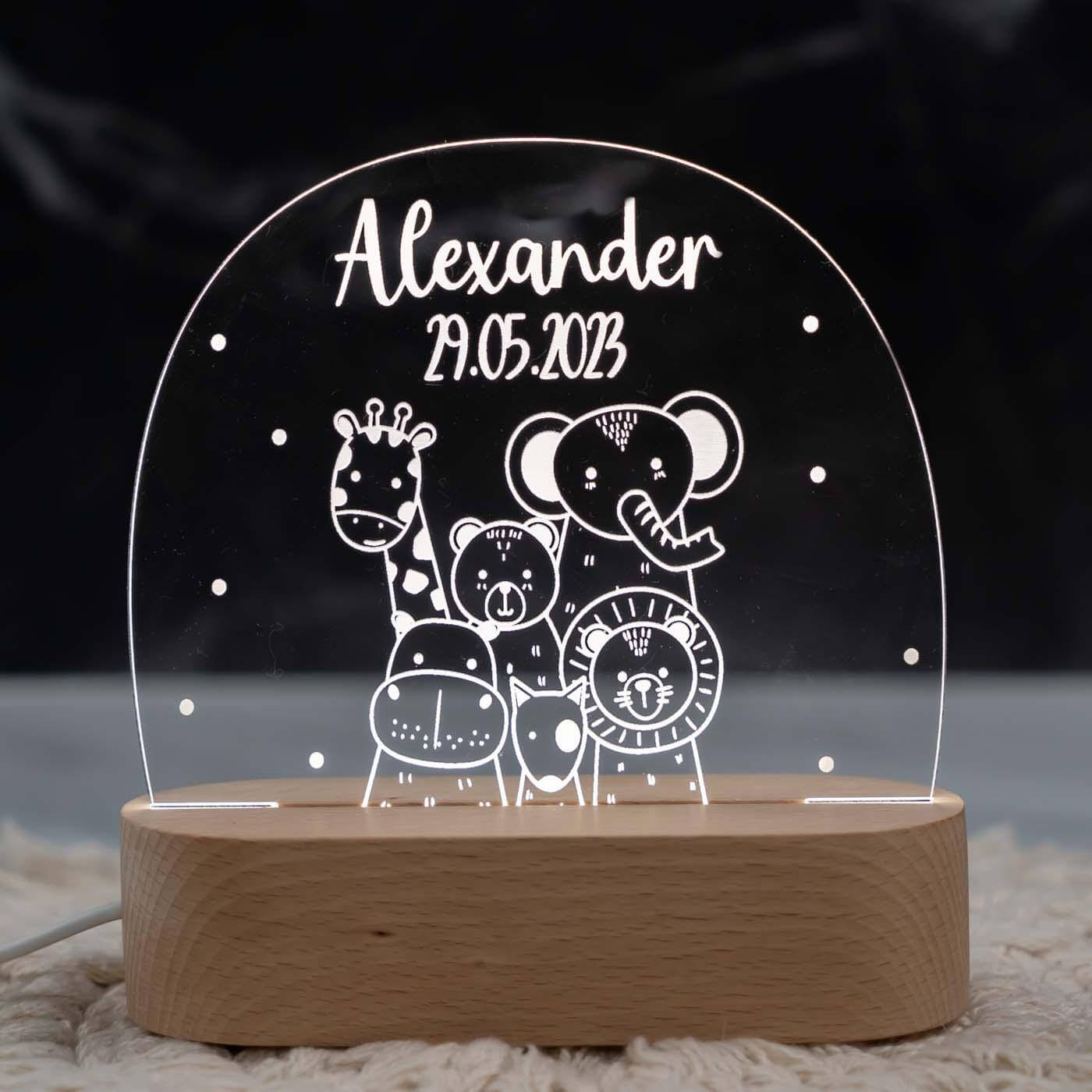 Personalisierte Nachtlampe für Kinder - Tierfreunde - Name und Geburtsdatum