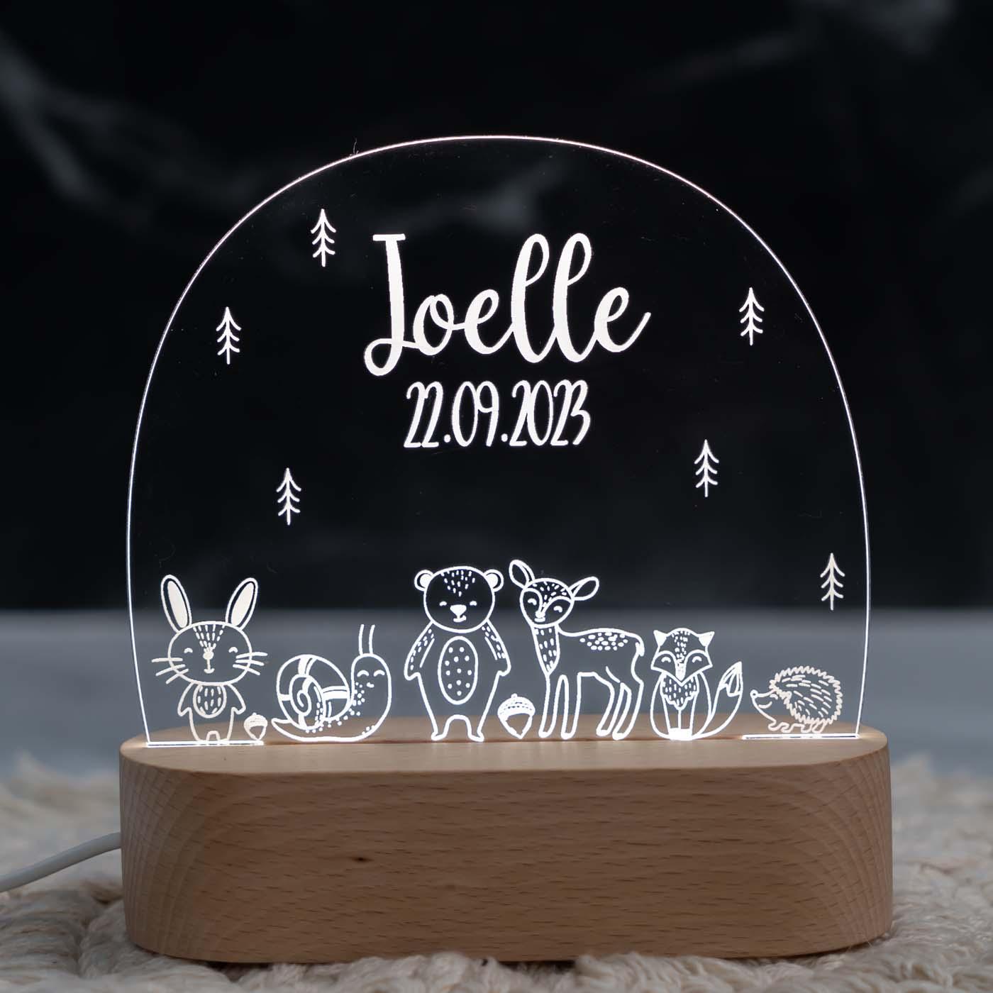 nachtlampe mit baby waldtiere und namensgravur