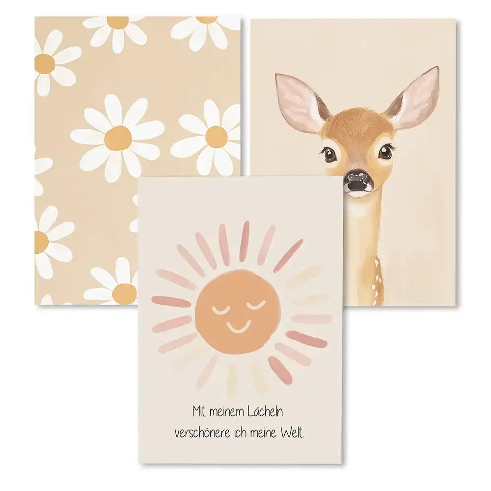 Poster 3er-Set - Gänseblümchen, Reh & Sonnenschein fürs Kinderzimmer