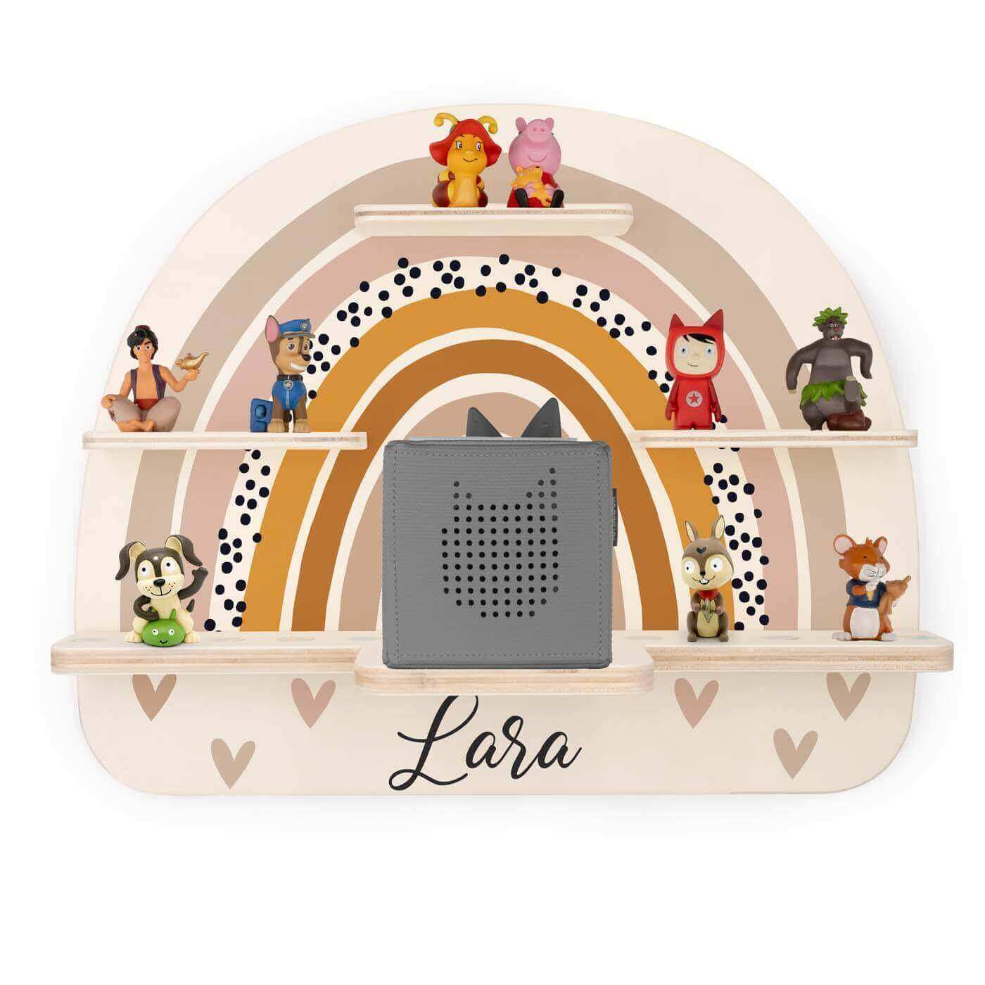 personalized wooden Tonie shelf with rainbow and heart design