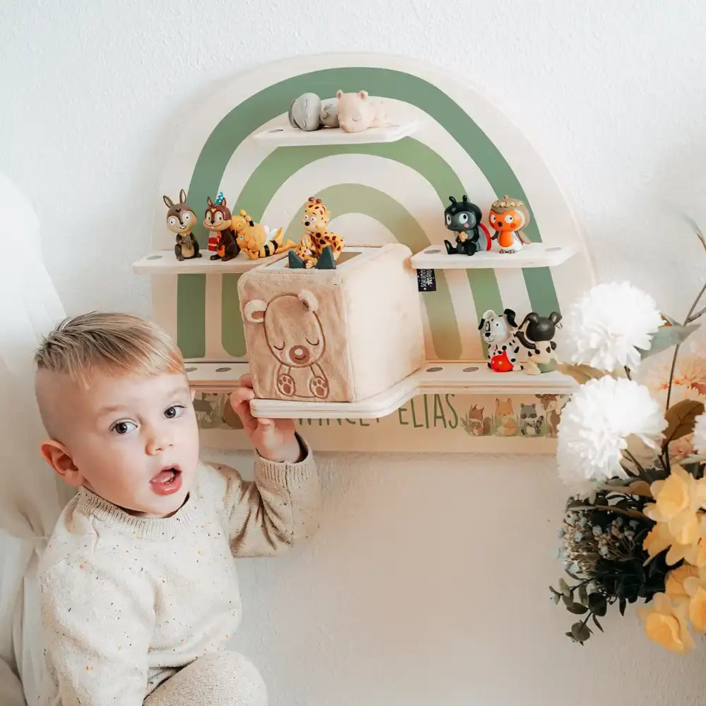 Tonie Regal aus Holz, Toniebox Regal personalisiert Bunter Regenbogen