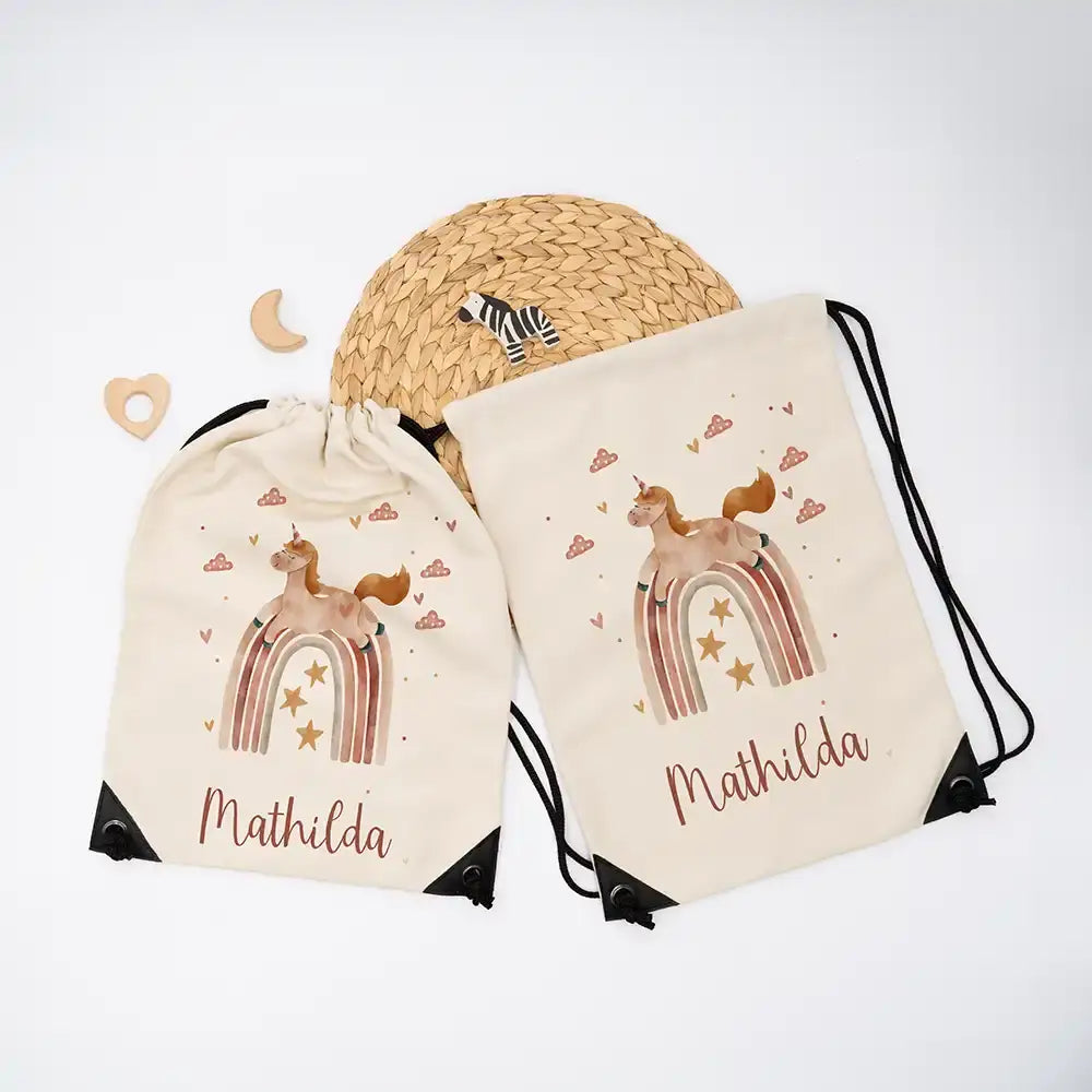 Personalisierter Turnbeutel mit Namen - Einhorn Regenbogen