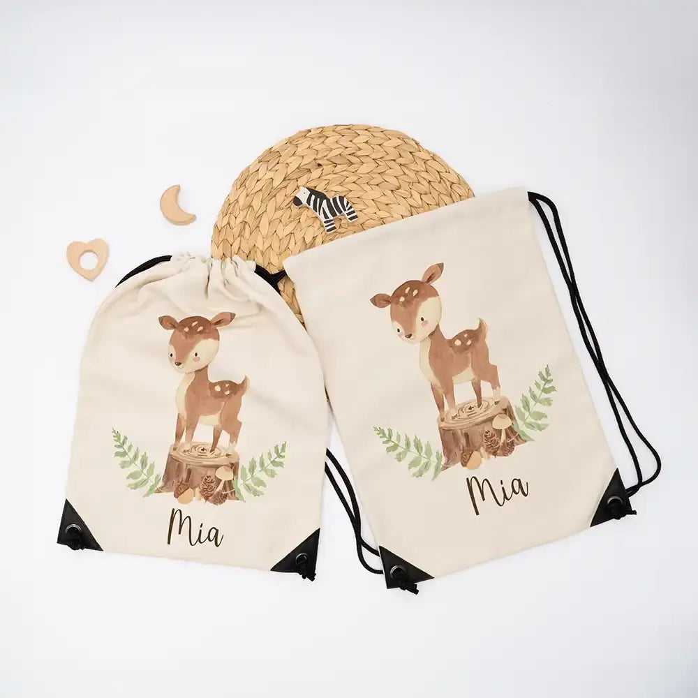 Personalisierter Turnbeutel mit Namen - Reh Waldtiere