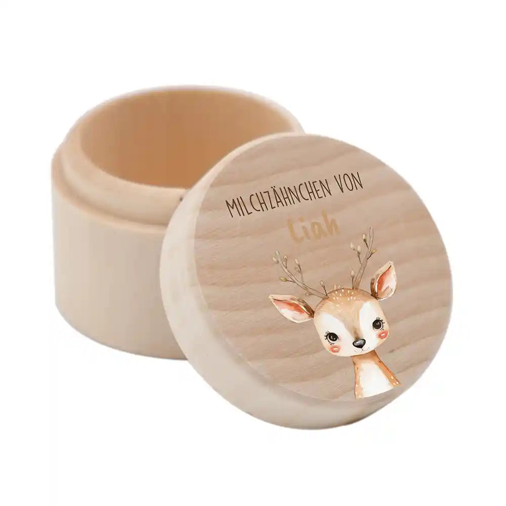 Zahndose Milchzähne personalisiert - Holz Zahnbox mit Wunschnamen - Baby Reh Motiv