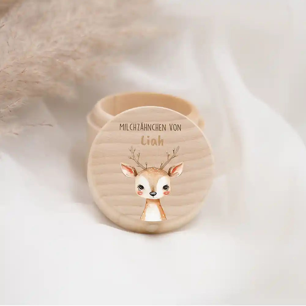Zahndose Milchzähne personalisiert - Holz Zahnbox mit Wunschnamen - Baby Reh Motiv