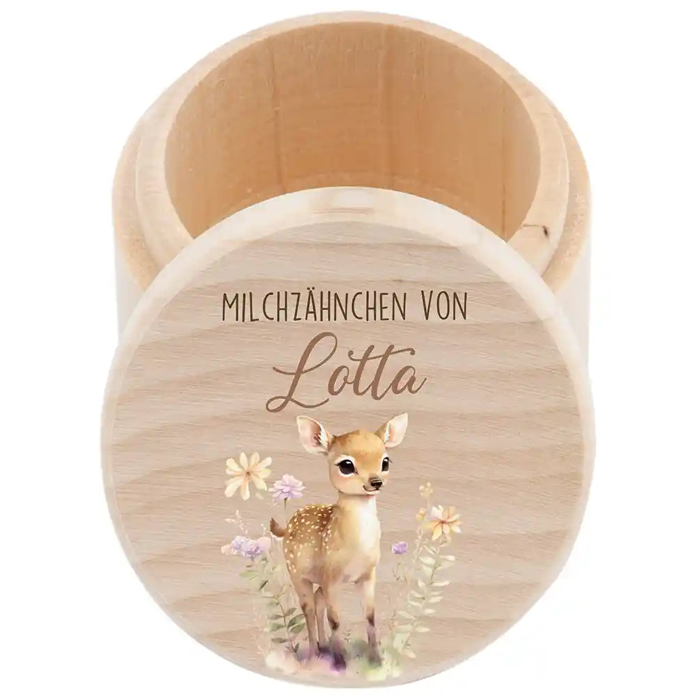 Zahndose Milchzähne personalisiert - Holz Zahnbox mit Wunschnamen - Reh Motiv