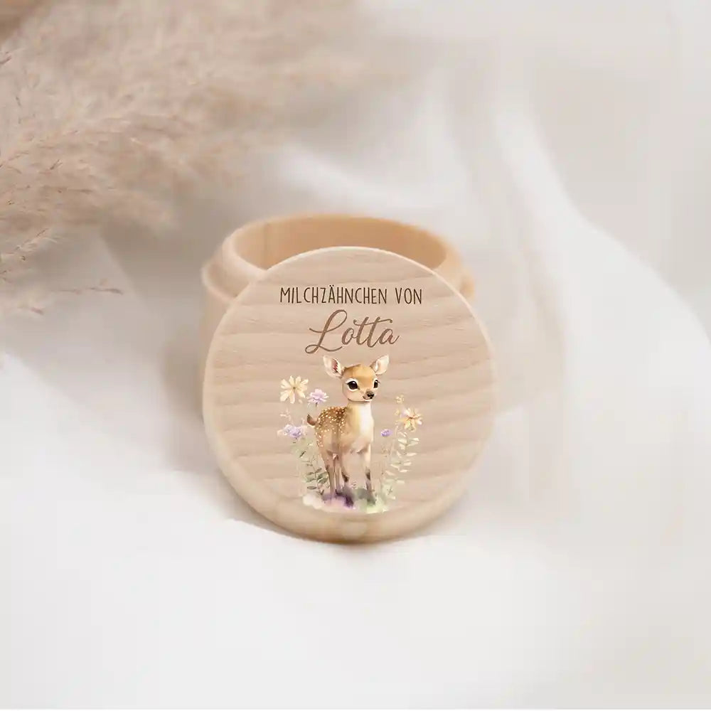 Zahndose Milchzähne personalisiert - Holz Zahnbox mit Wunschnamen - Reh Motiv