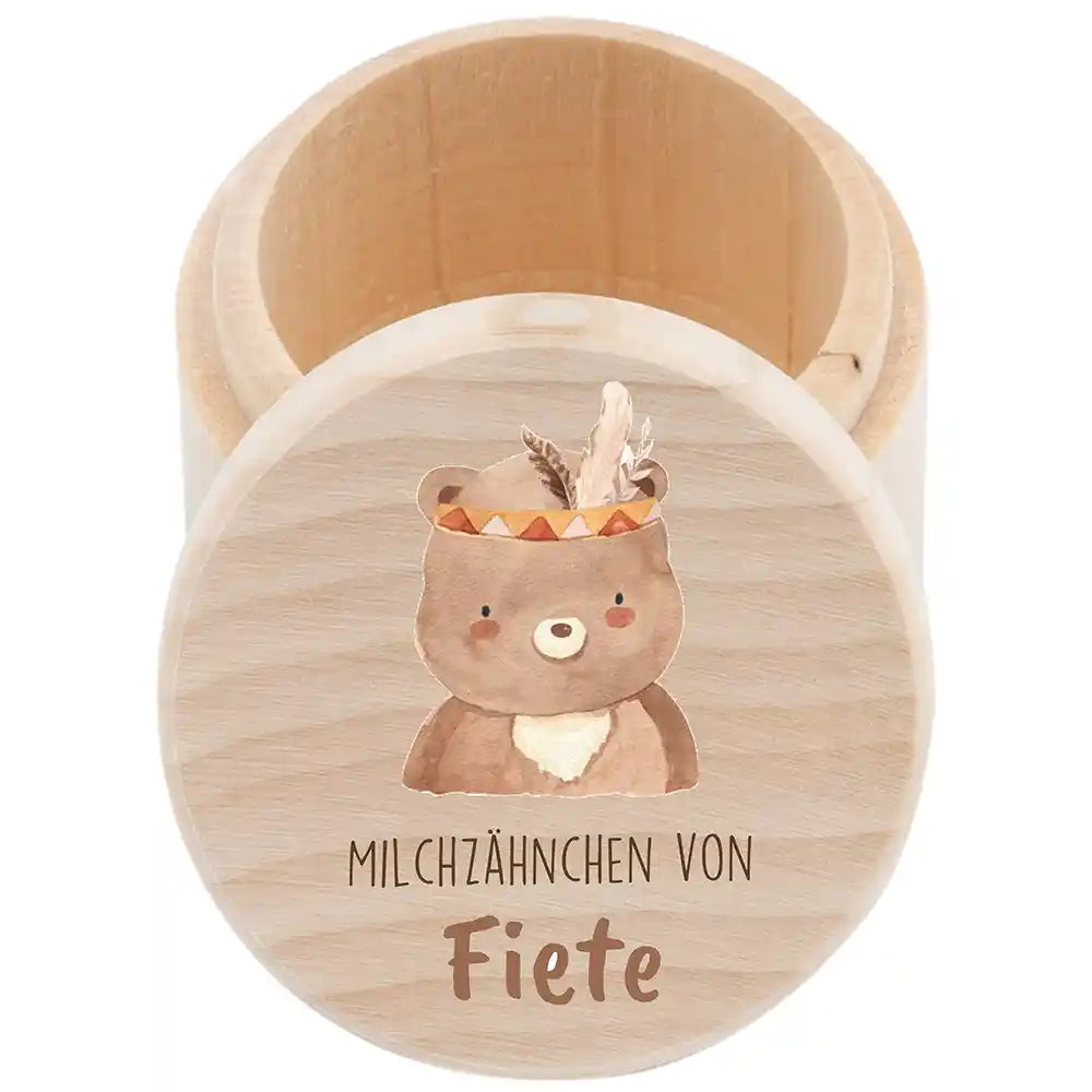 Zahndose Milchzähne personalisiert - Holz Zahnbox mit Wunschnamen - Bohor Bär Motiv