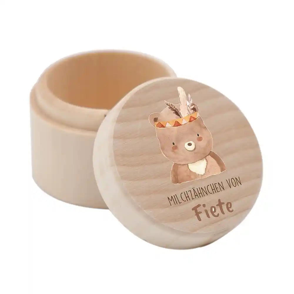 Zahndose Milchzähne personalisiert - Holz Zahnbox mit Wunschnamen - Bohor Bär Motiv