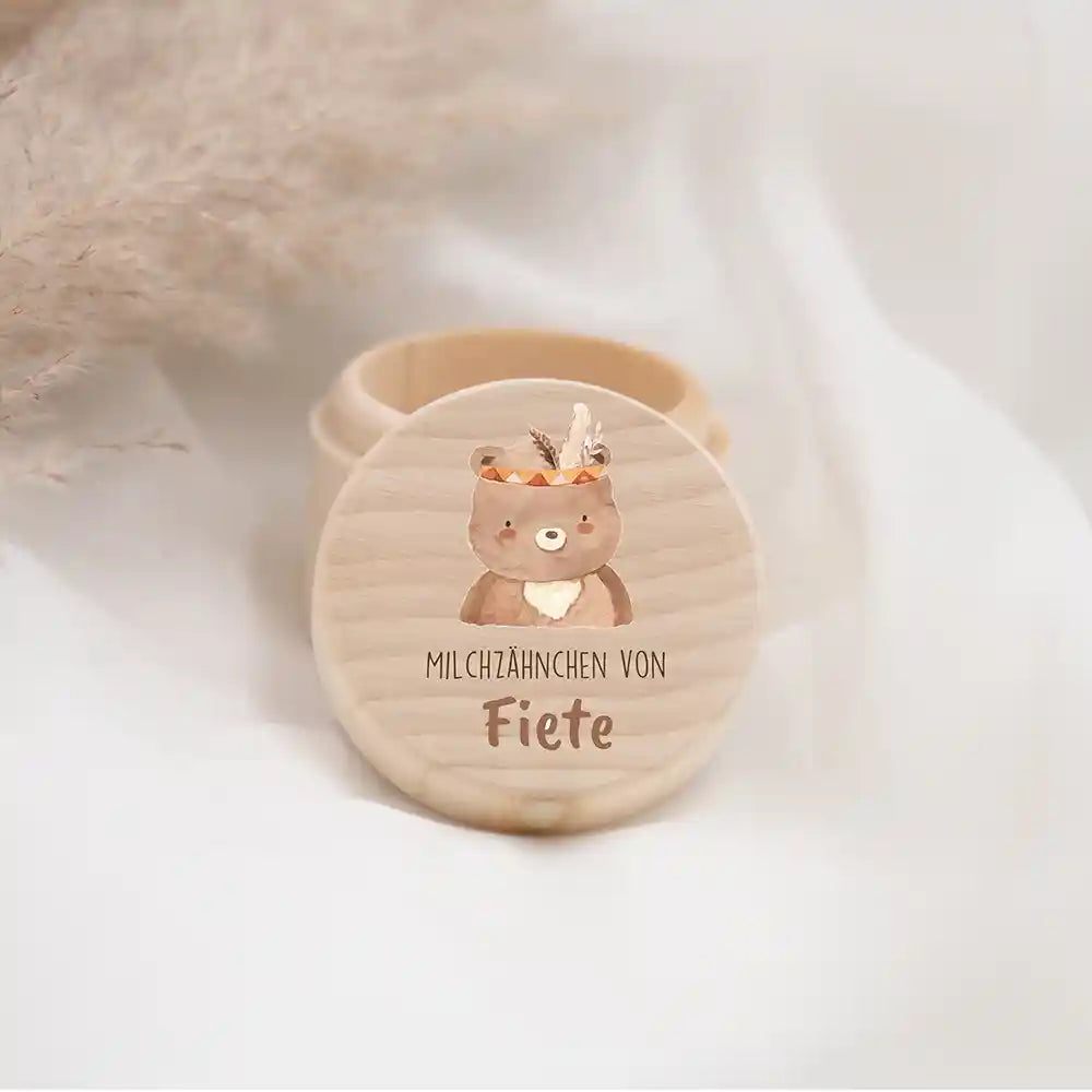 Zahndose Milchzähne personalisiert - Holz Zahnbox mit Wunschnamen - Bohor Bär Motiv