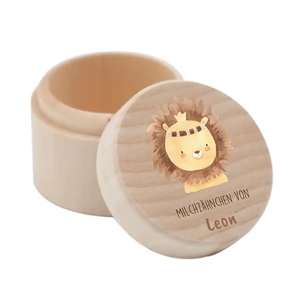 Zahndose Milchzähne personalisiert - Holz Zahnbox mit Wunschnamen - Löwe Motiv