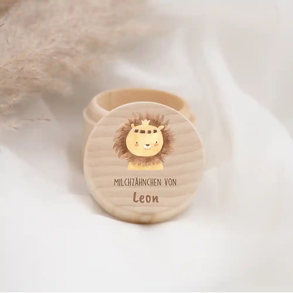 Zahndose Milchzähne personalisiert - Holz Zahnbox mit Wunschnamen - Löwe Motiv