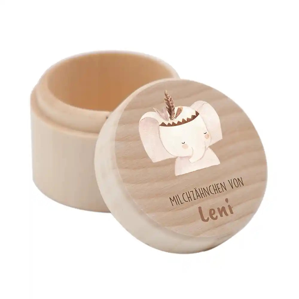 Zahndose Milchzähne personalisiert - Holz Zahnbox mit Wunschnamen - Elefant mit Kranz Motiv