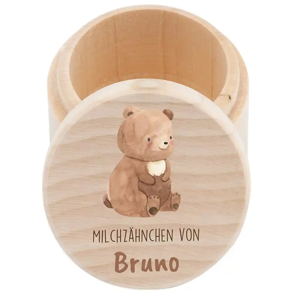 Zahndose Milchzähne personalisiert - Holz Zahnbox mit Wunschnamen - Bär mit Kranz