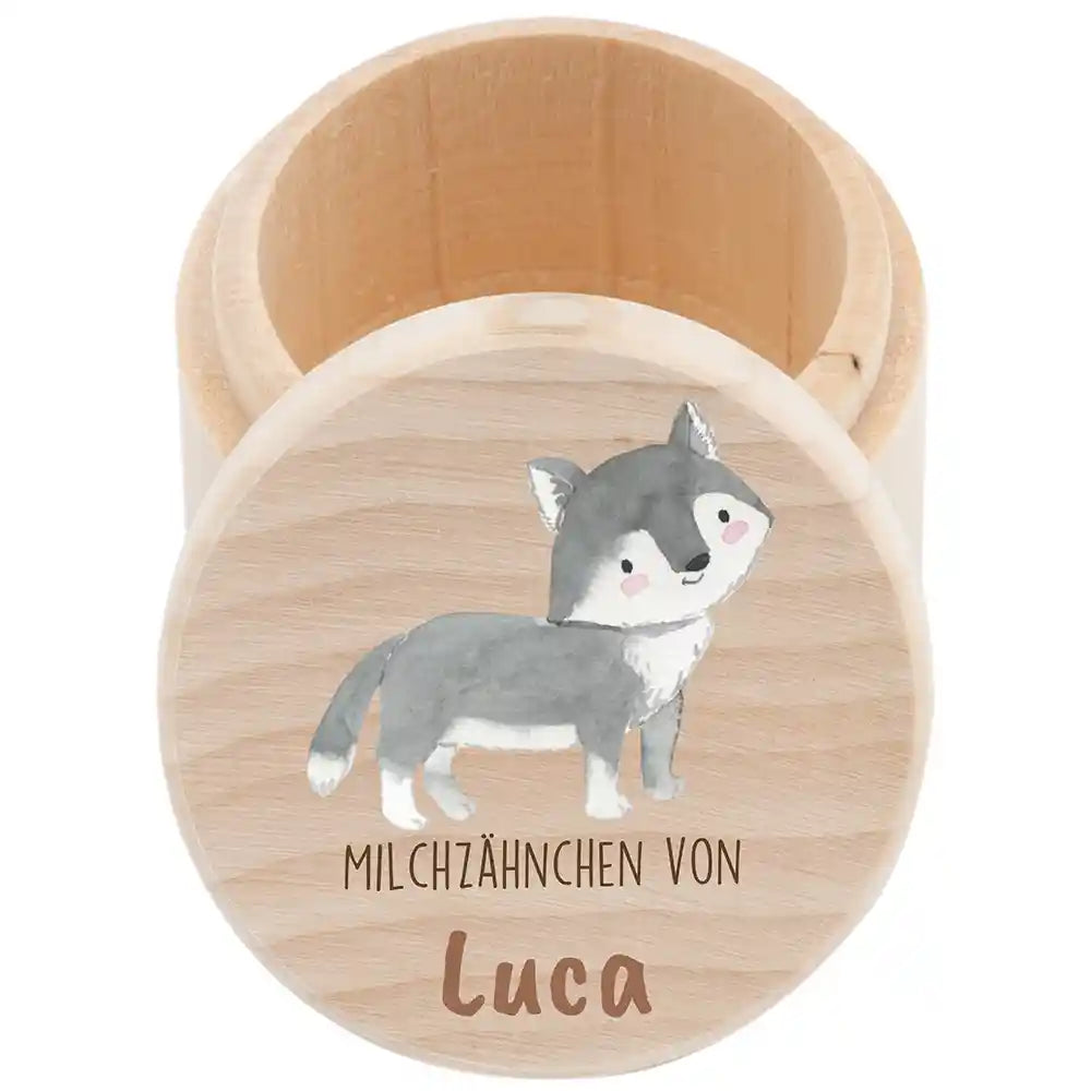Zahndose Milchzähne personalisiert - Holz Zahnbox mit Wunschnamen - Dachs Motiv