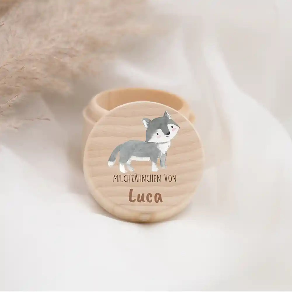 Zahndose Milchzähne personalisiert - Holz Zahnbox mit Wunschnamen - Dachs Motiv