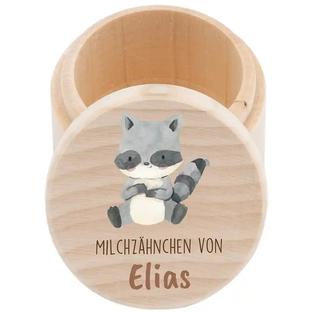 Zahndose Milchzähne personalisiert - Holz Zahnbox mit Wunschnamen - Waschbär Motiv