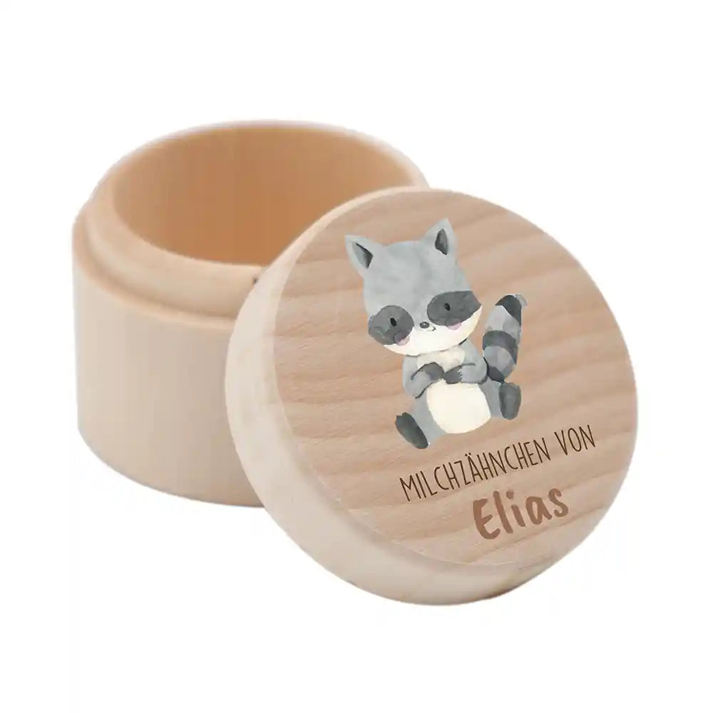 Zahndose Milchzähne personalisiert - Holz Zahnbox mit Wunschnamen - Waschbär Motiv