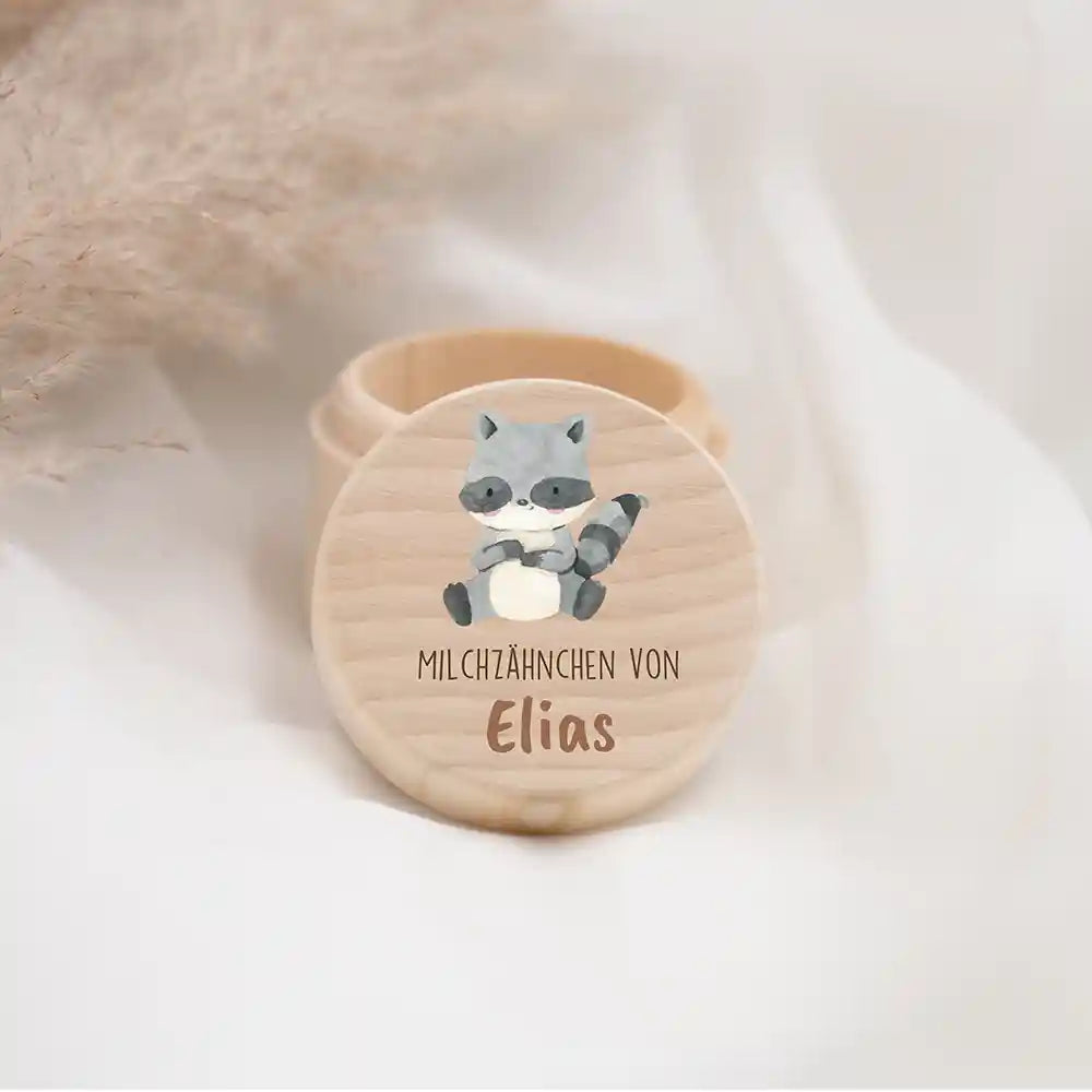 Zahndose Milchzähne personalisiert - Holz Zahnbox mit Wunschnamen - Waschbär Motiv