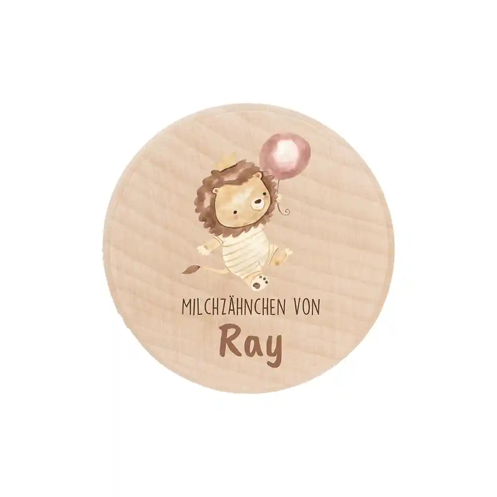 Zahndose Milchzähne personalisiert - Holz Zahnbox mit Wunschnamen - Tiger mit Ballon