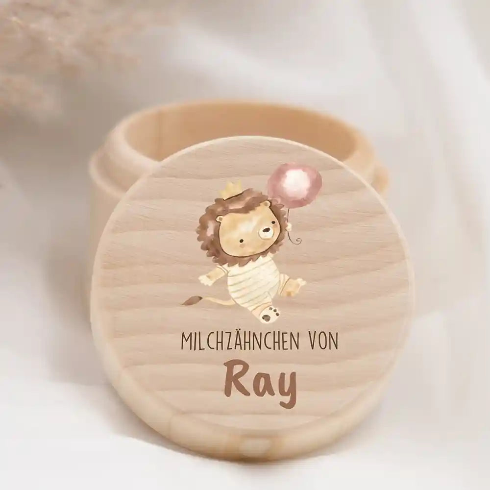 Zahndose Milchzähne personalisiert - Holz Zahnbox mit Wunschnamen - Tiger mit Ballon