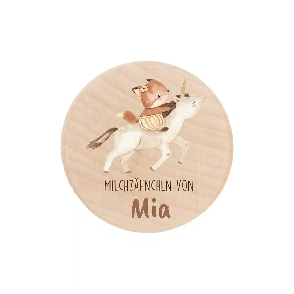 Zahndose Milchzähne personalisiert - Holz Zahnbox mit Wunschnamen - Fuchs auf Einhorn