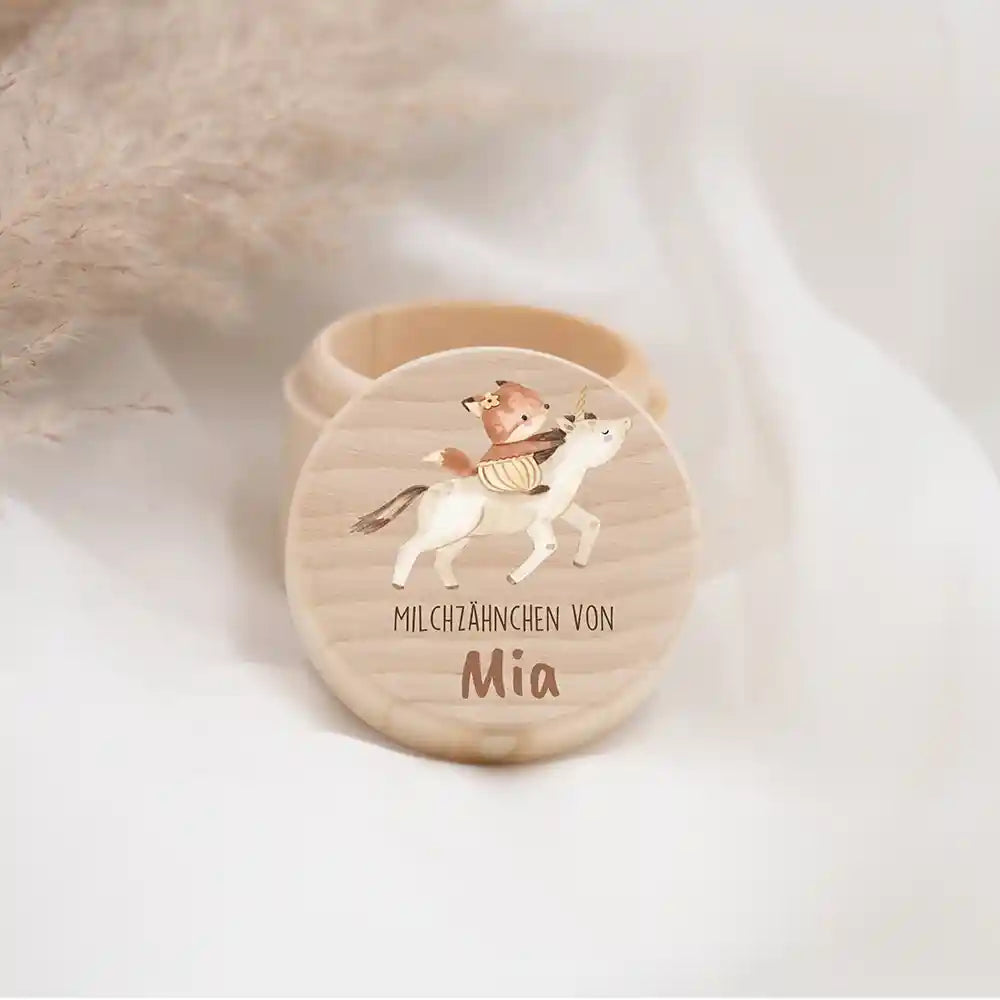Zahndose Milchzähne personalisiert - Holz Zahnbox mit Wunschnamen - Fuchs auf Einhorn