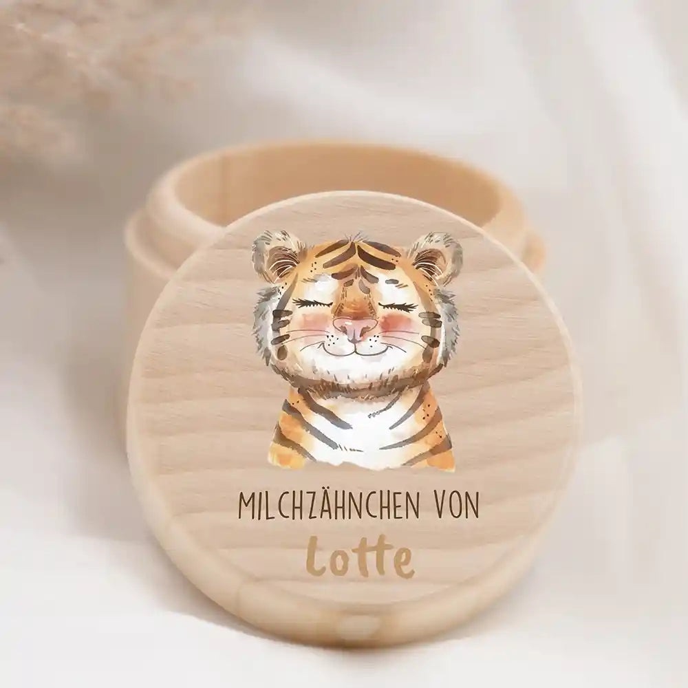Zahndose Milchzähne personalisiert Baby Tiger