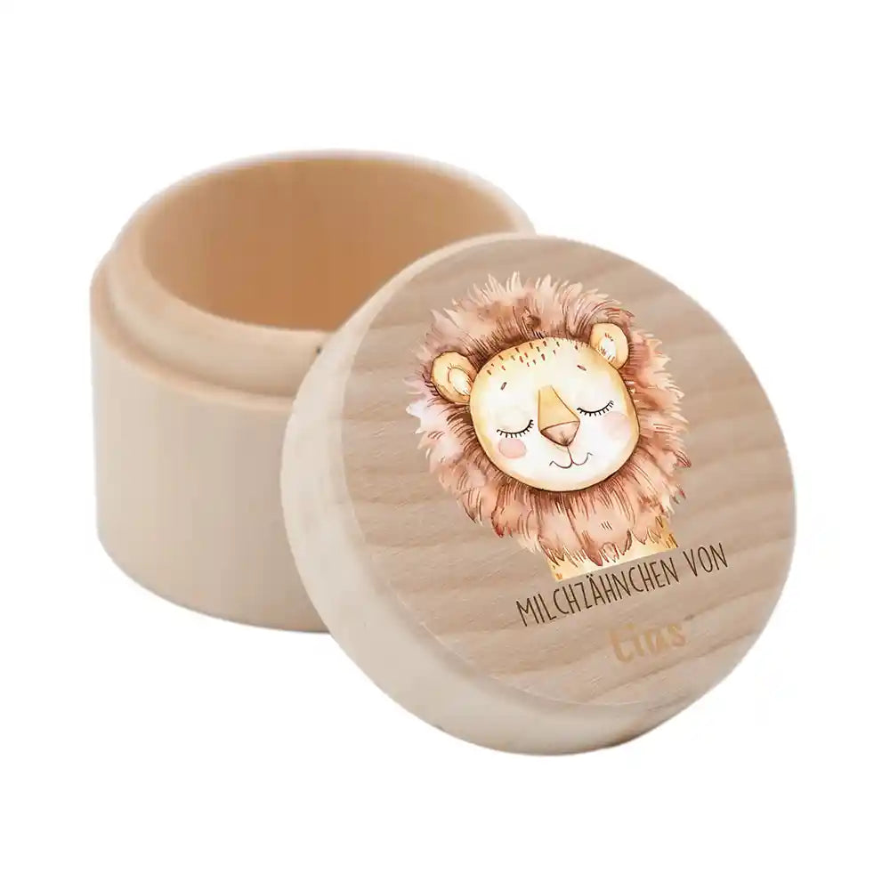 Zahndose Milchzähne personalisiert - Holz Zahnbox mit Wunschnamen - Löwe
