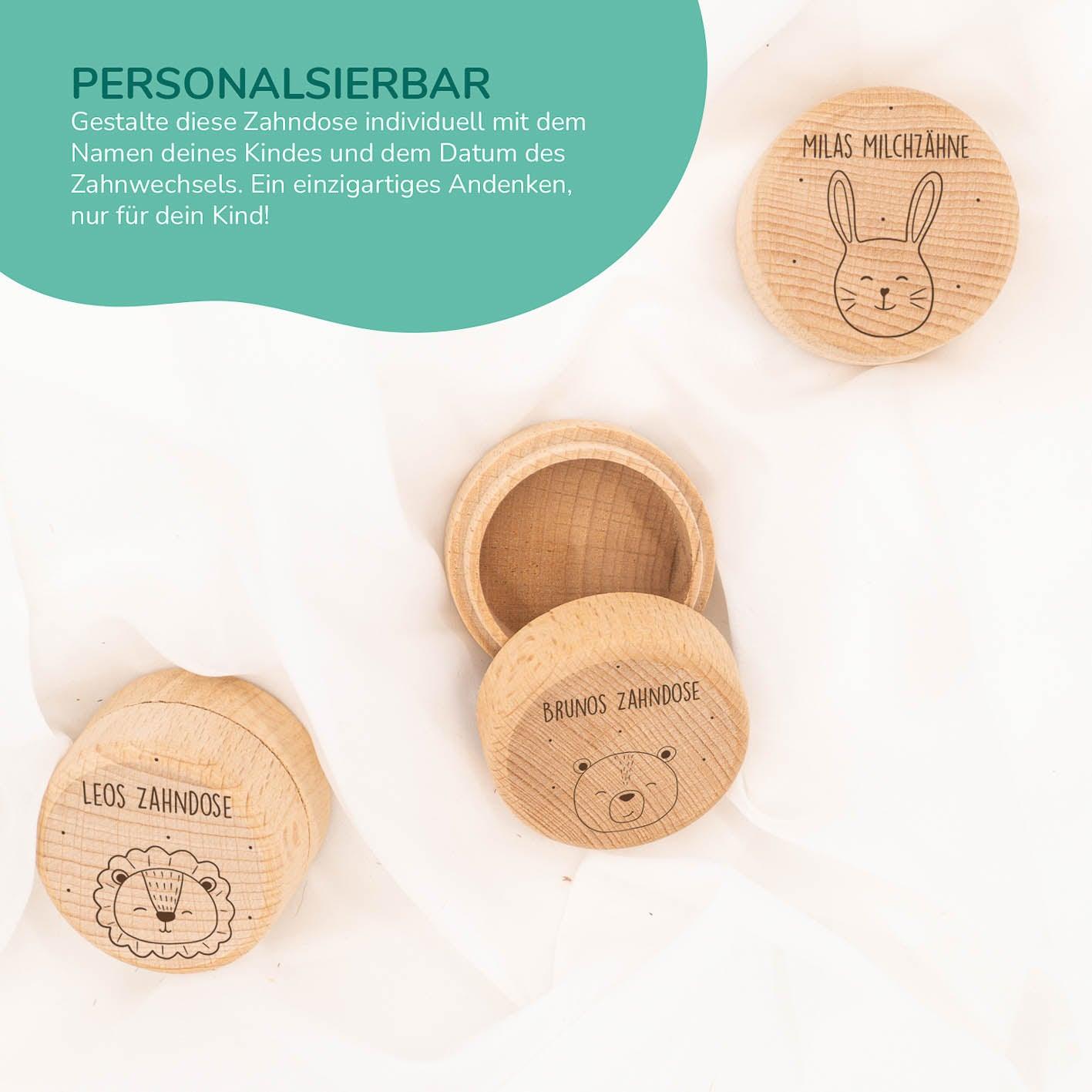 Milchzahndose personalisiert aus Holz Waldtiere