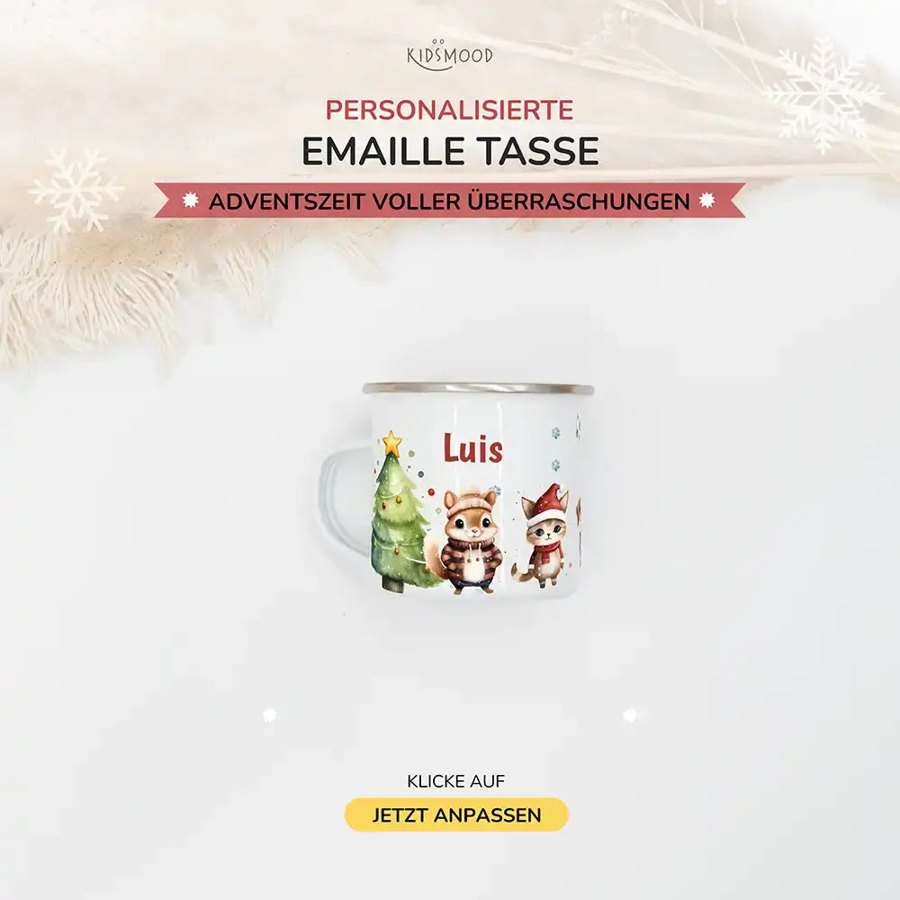 Emaille Tasse personalisiert Weihnachten - Süße Eichhörnchen