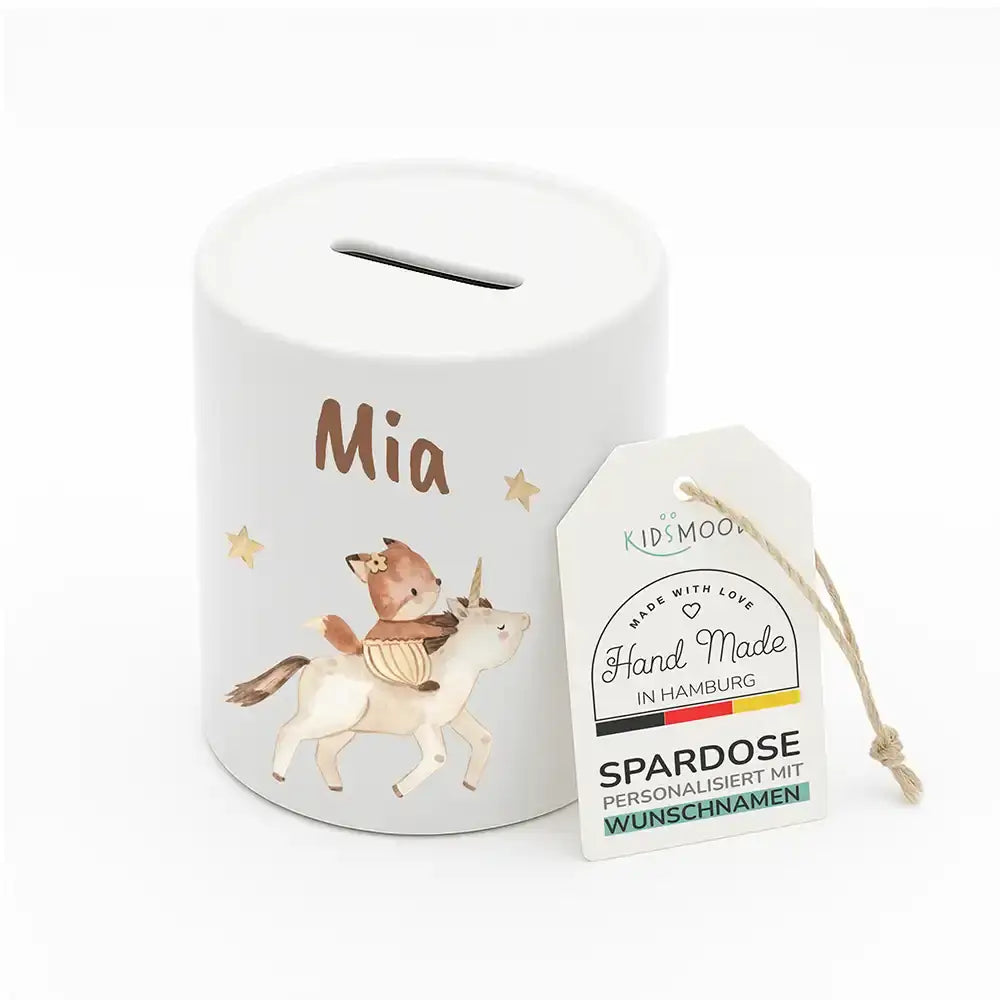 Kinderspardose aus Keramik - Zauberhaftes Eichhörnchen auf Einhorn