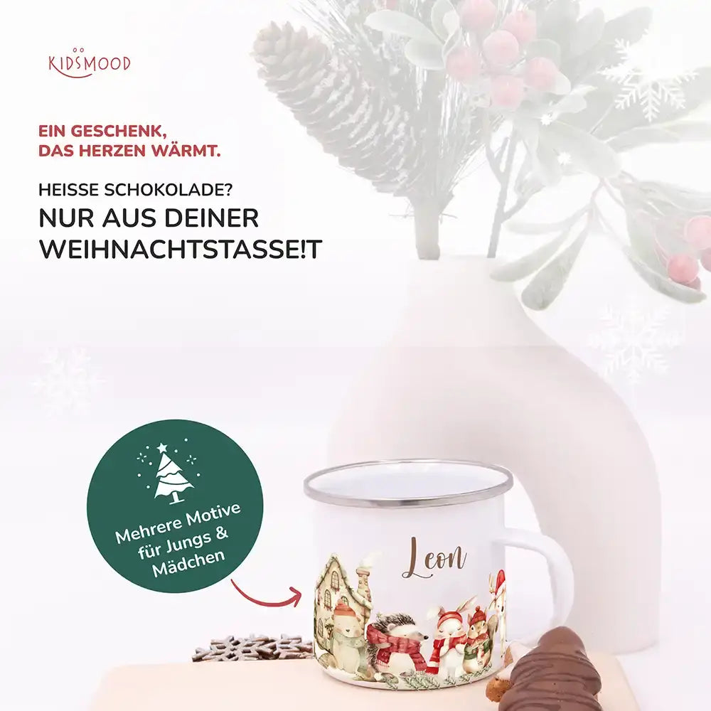 Emaille Tasse personalisiert Weihnachten - Tierfamilie Wald