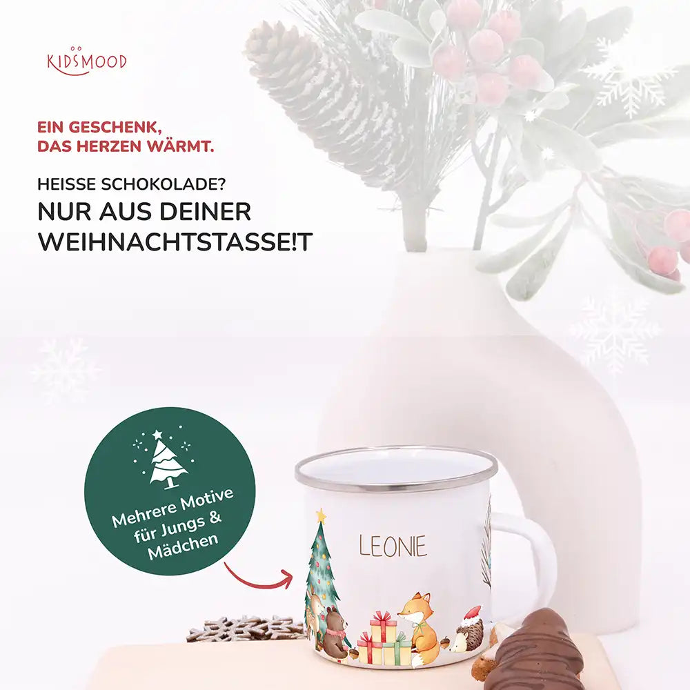 Emaille Tasse personalisiert Weihnachten - niedlicher Fuchs