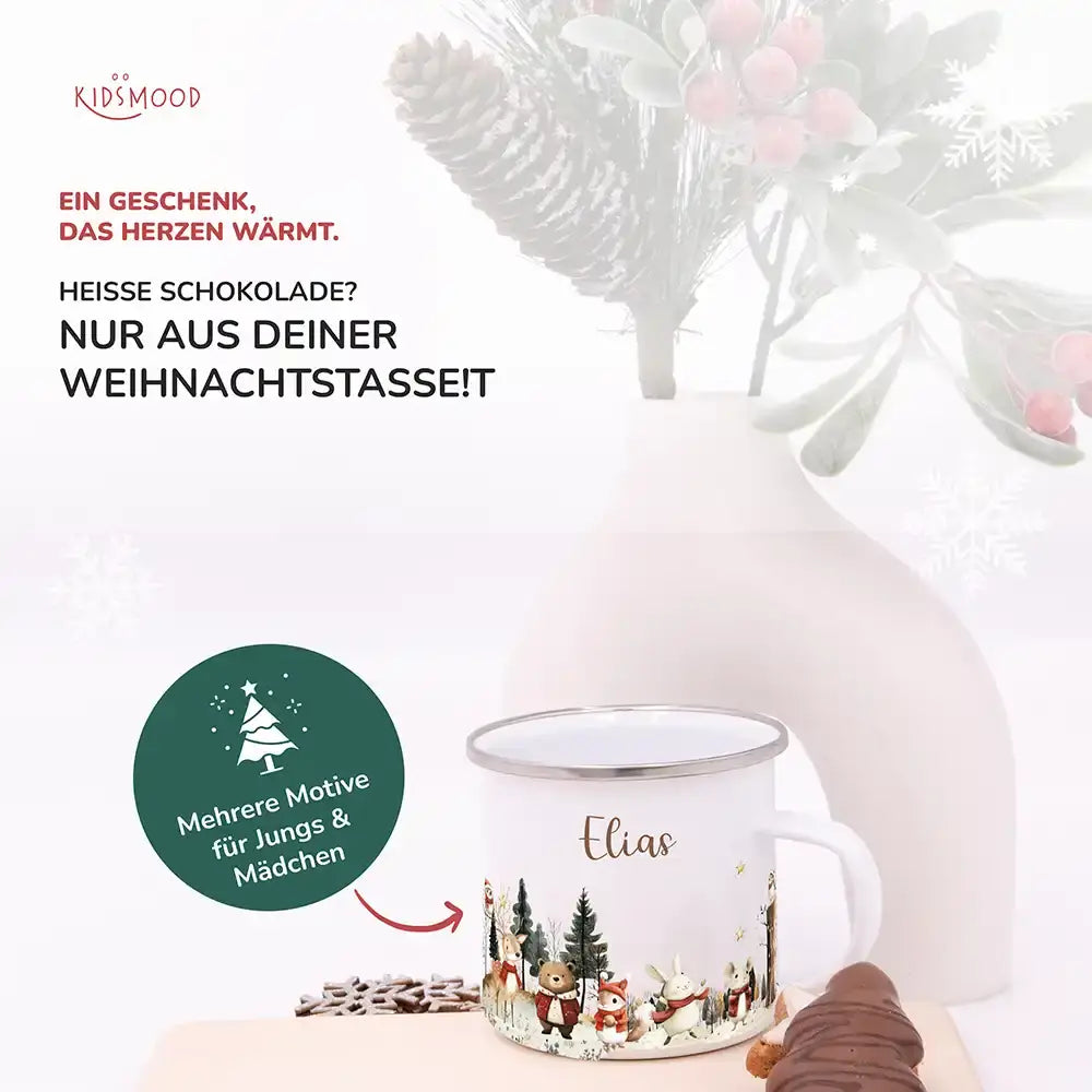 Emaille Tasse personalisiert Weihnachten - Winter Tiere
