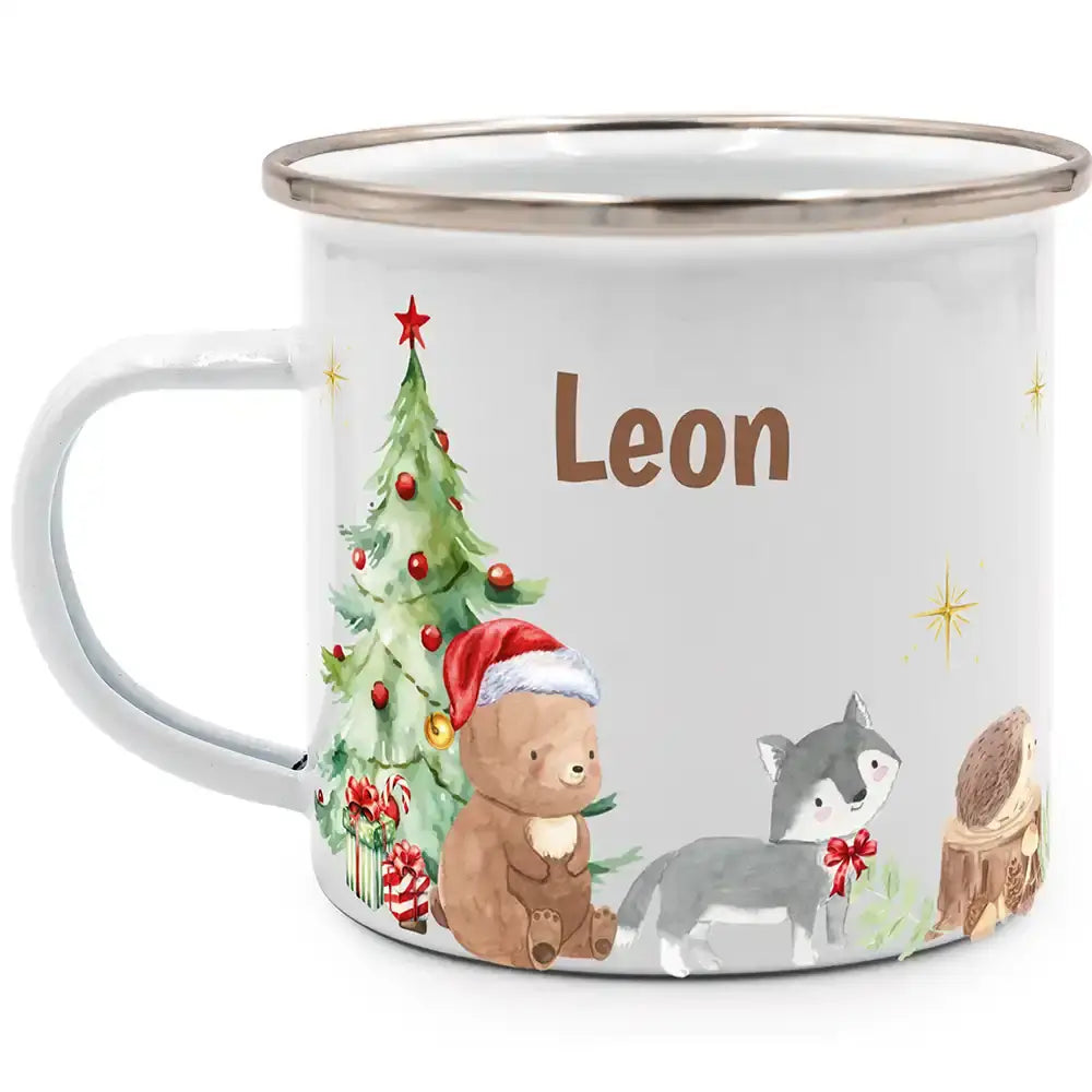 Emaille Tasse personalisiert Weihnachten - Bär und Waschbär